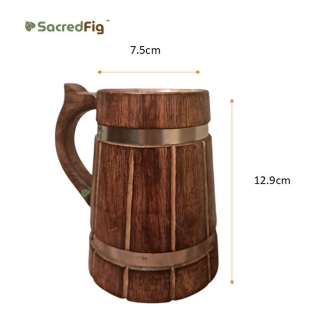 SacredFig Wooden Mug – 350ml | Handcrafted with Silver Ring Detailing | Elegant Rustic Drinkware