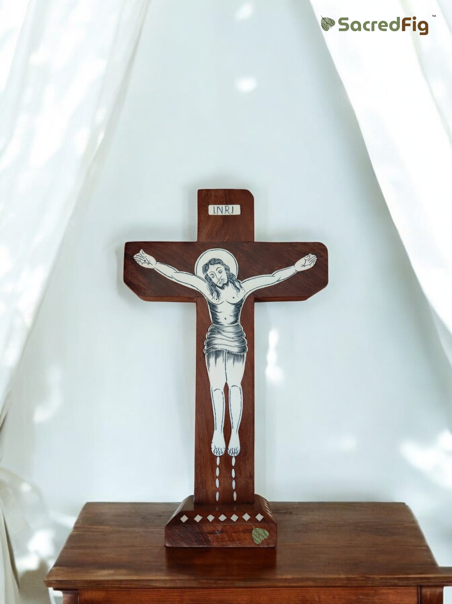 SacredFig Wooden Cross – Handcrafted with Inlay Work & INRI Inscription | Available in S,M & L Sizes