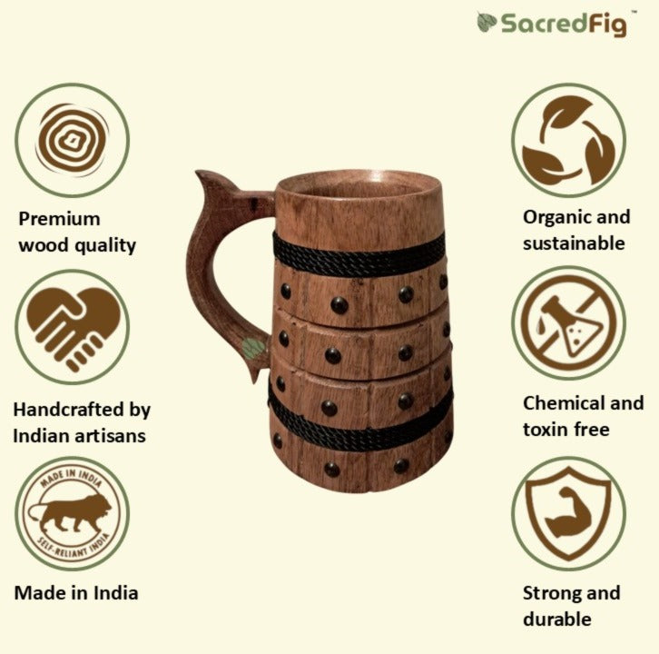 SacredFig Wooden Mug – 300 ml | Black String & Black Dots Pattern | Premium Handcrafted Finish
