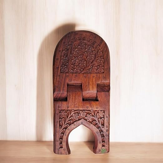 SacredFig Wooden Book Stand – Small & Large Sizes | Intricate Carving | Elegant Religious & Decorative Book Holder