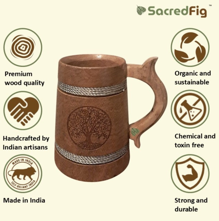 SacredFig Wooden Mug – 300 ml | Tree of Life Engraving with Silver rounds | Handcrafted Rustic Drinkware