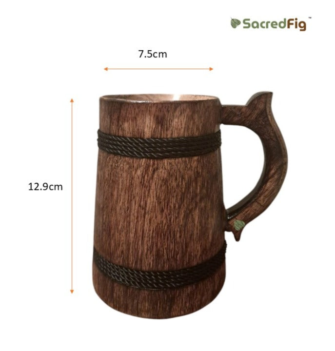 SacredFig Wooden Mug – 300ml | Handcrafted with Black Round Design | Elegant Matte Finish
