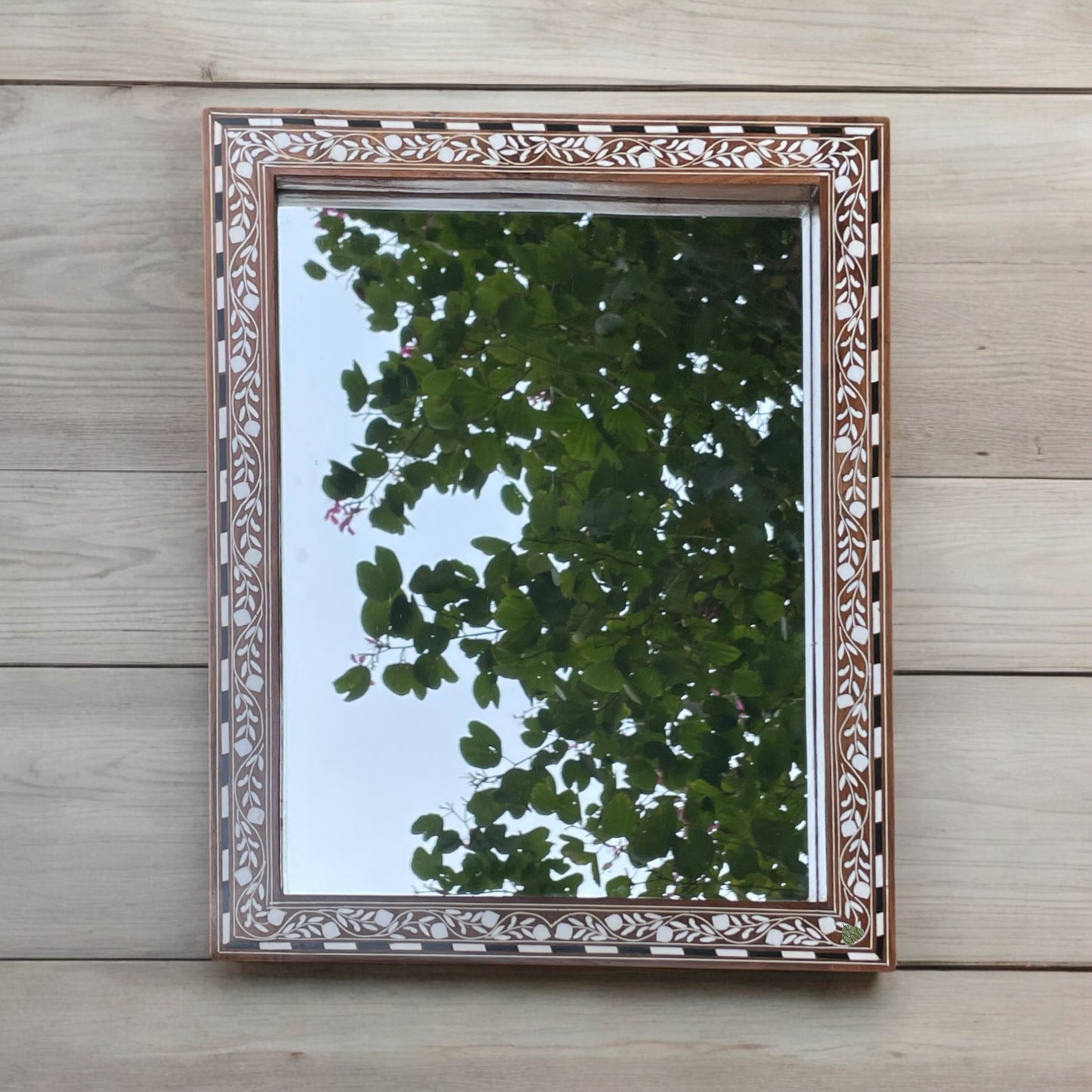 Handcrafted Wooden Mirror with Intricate Inlay Border | 14 x 18 in
