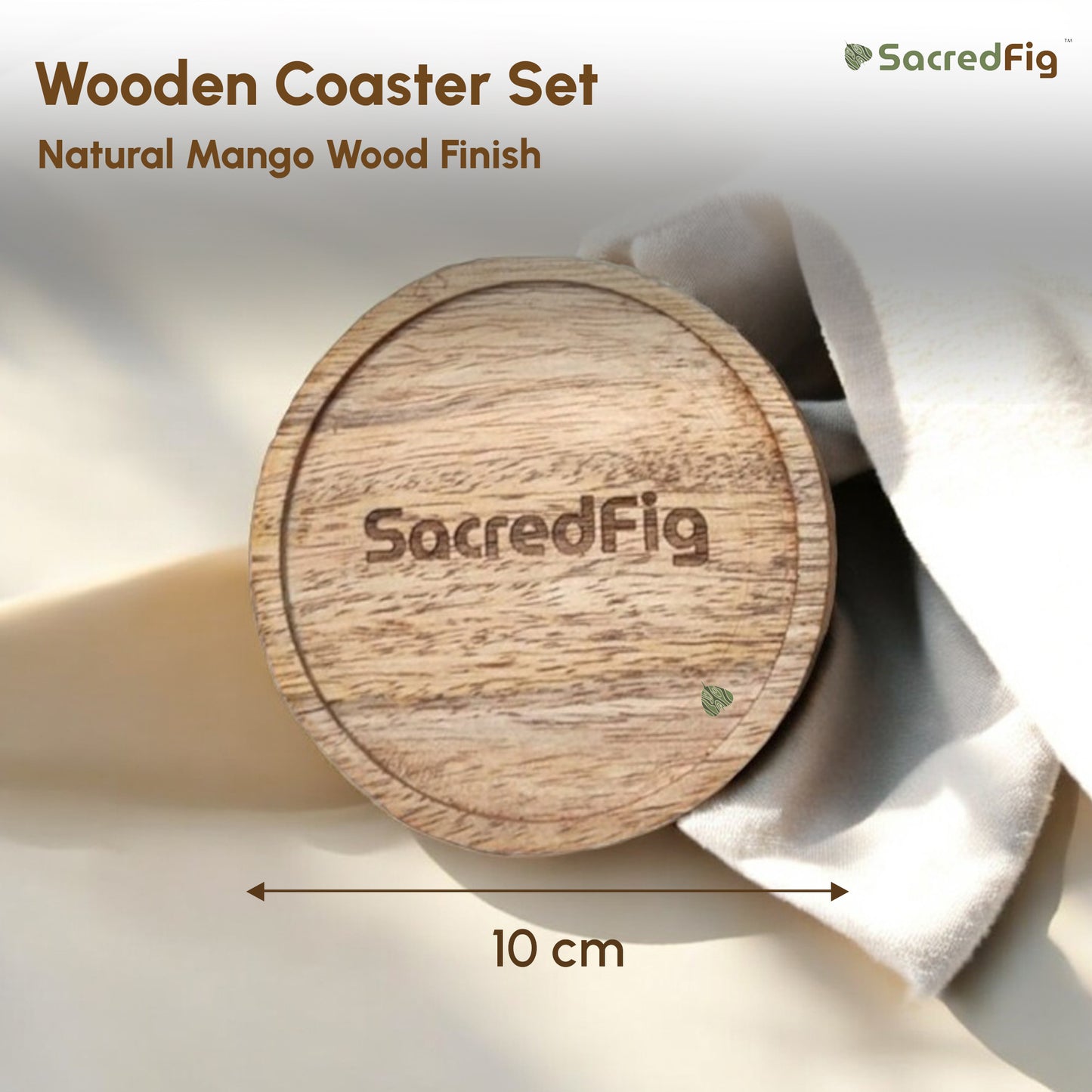 SacredFig Wooden Coasters | Natural, Rustic Wood Finish | 10 cm (d), set of 4