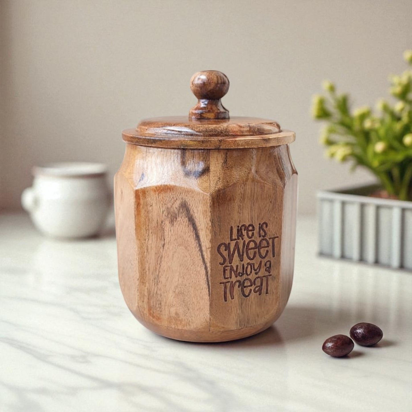 SacredFig Wooden Jar – 6 Inch | Airtight Lid | Life Is Sweet Edition | Storage for Cookies & Snacks