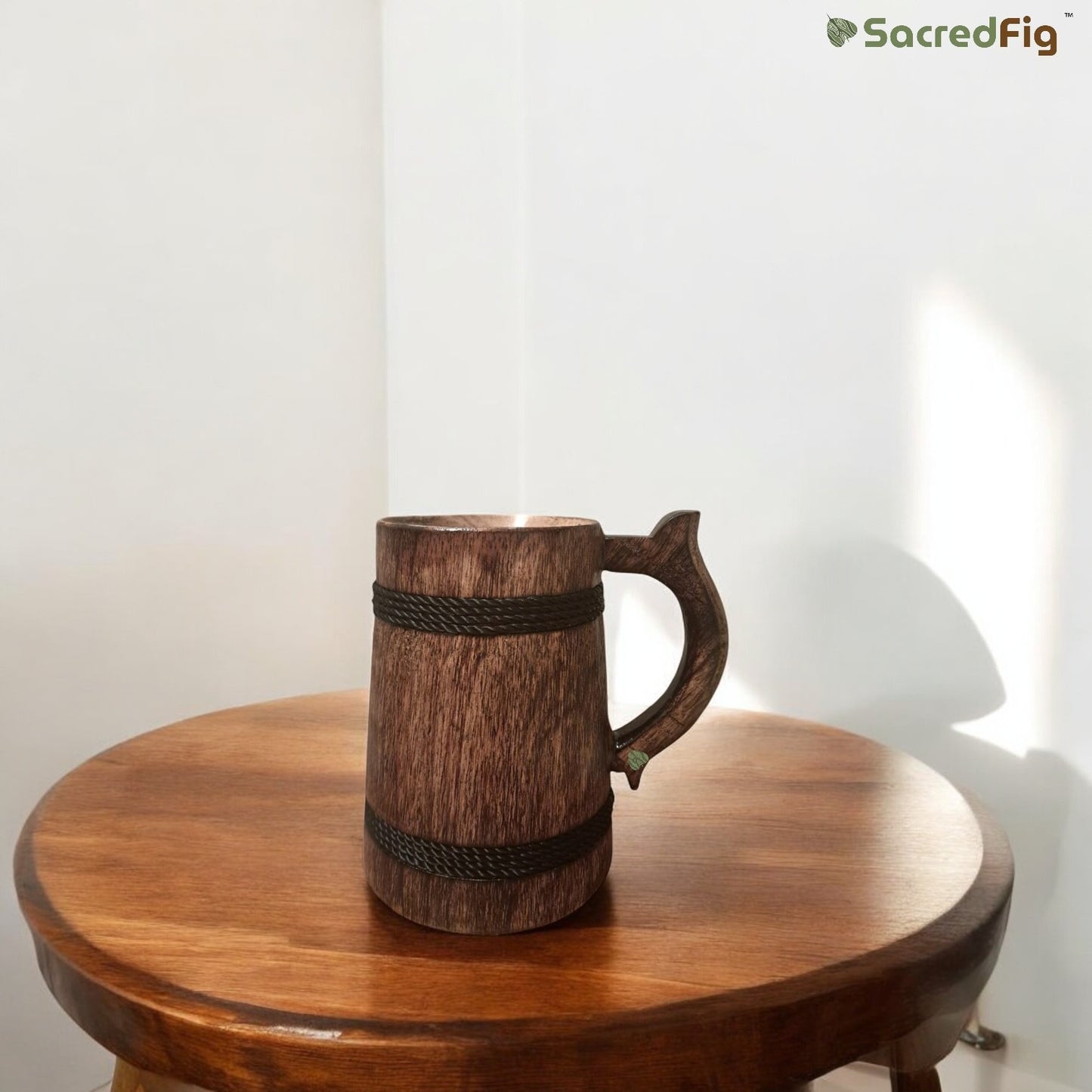 SacredFig Wooden Mug – 300 ml | Black Ring Design | Handcrafted Rustic Drinkware