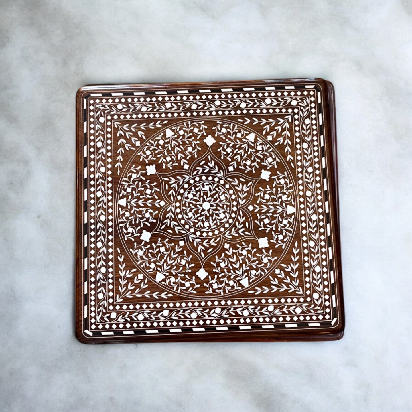 Sheesham Wood Inlaid Art Work Pooja Chowki 16x16 in, Handcrafted, Premium Gloss Finish | Premium Decor by SacredFig