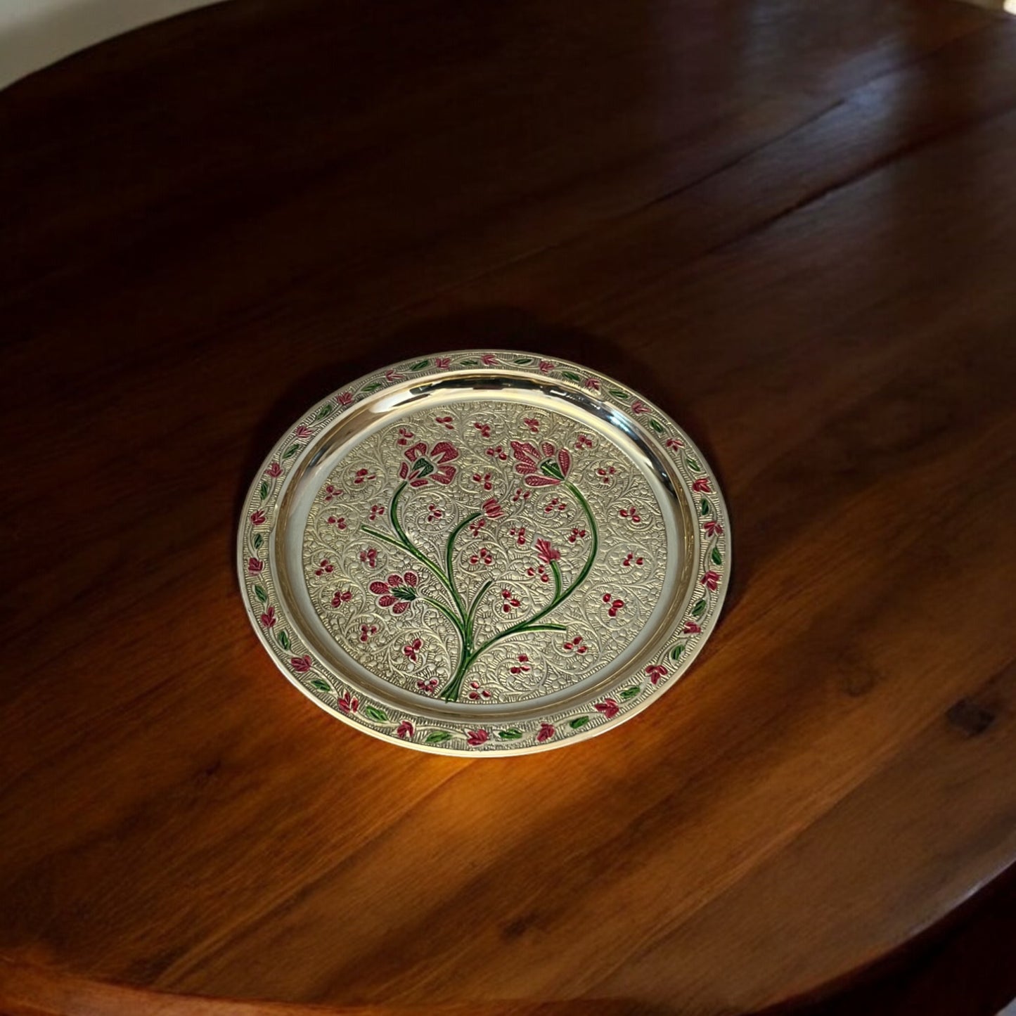 Brass Pooja Thali with 5 essential accessories with Red Velvet Box | 8 in