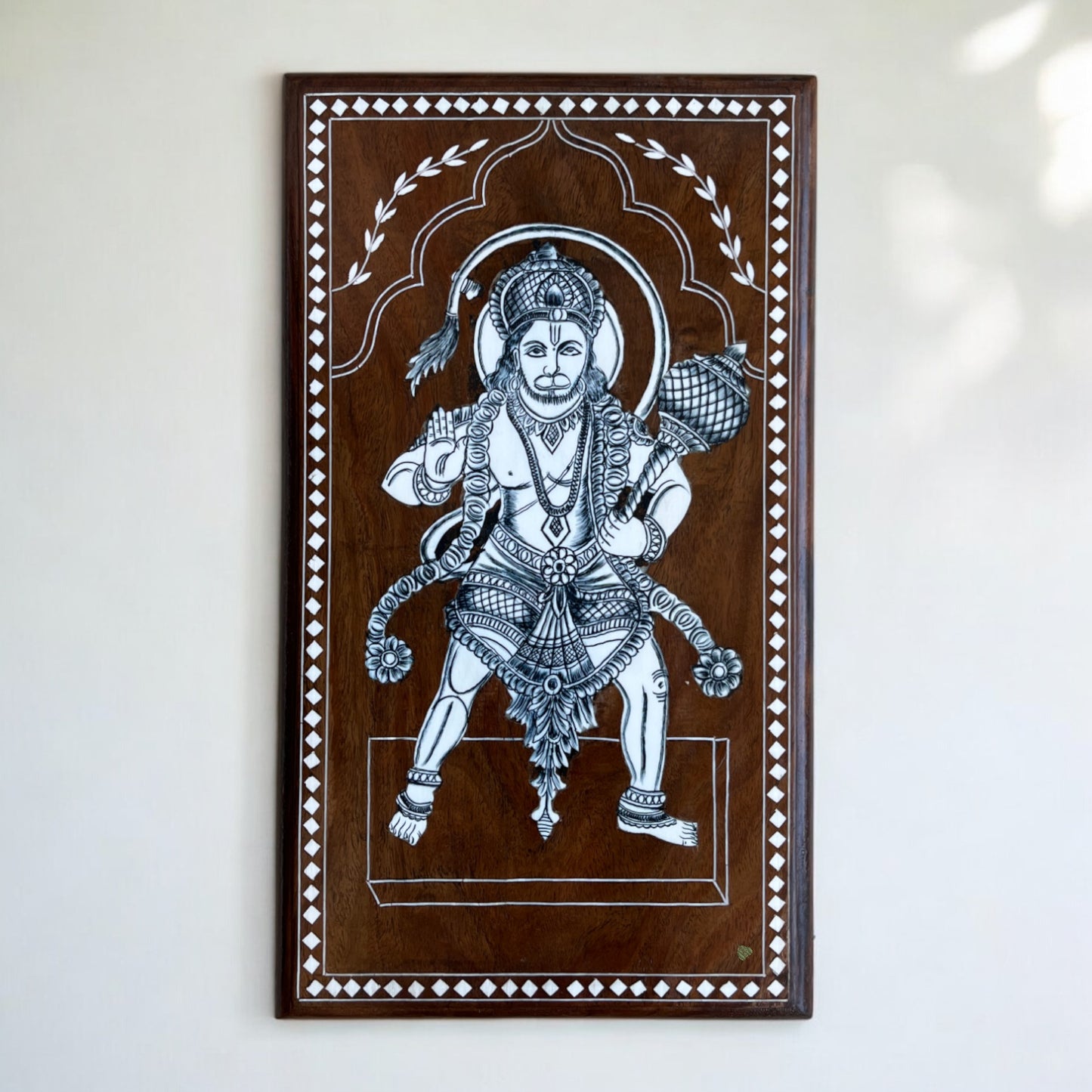 Handcrafted White Inlaid Hanuman Ji Wooden Art | Divine Wall Decor| 17 × 9 in