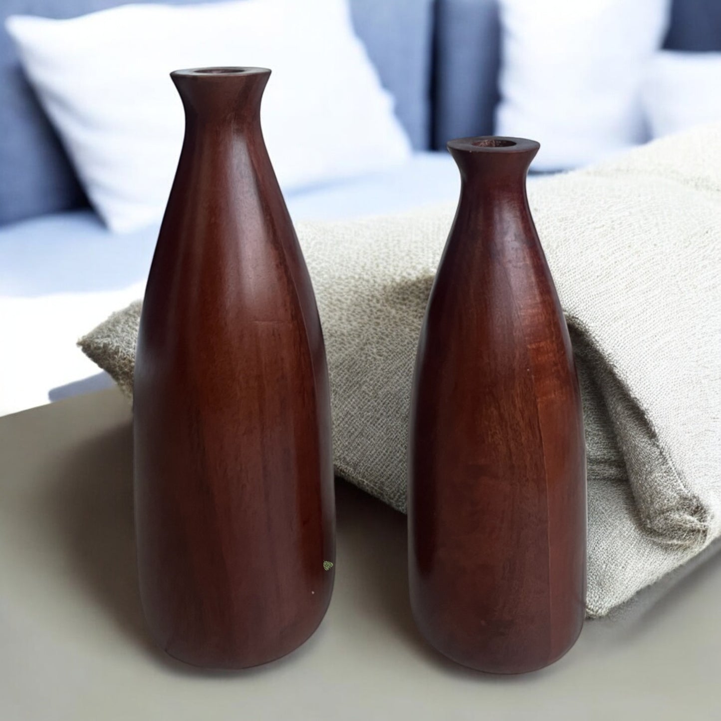 Set of 2 Dark Brown Wooden Vases | Large 13×4inch | Small 11 × 4 in