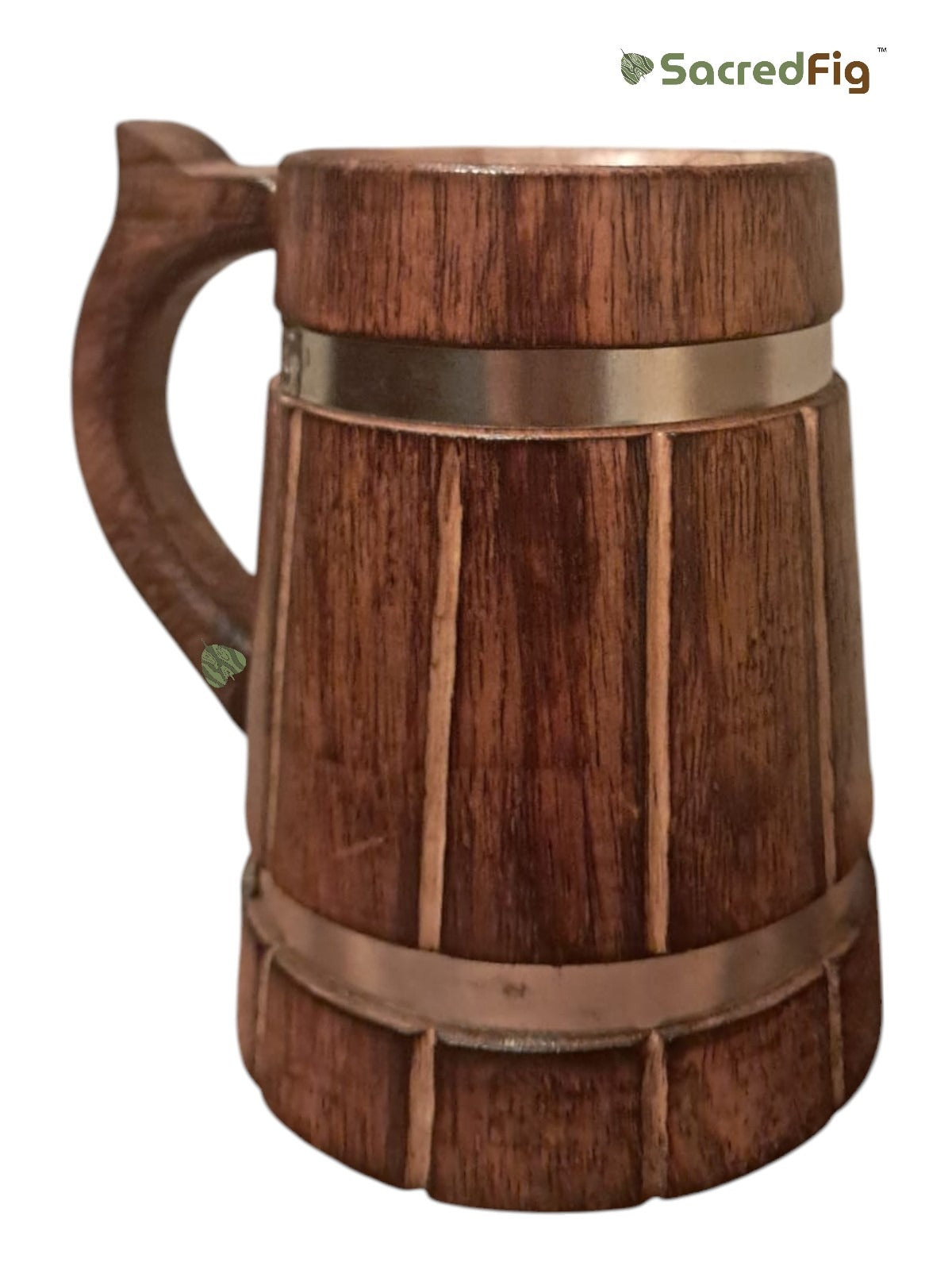 SacredFig Wooden Mug – 350ml | Handcrafted with Silver Ring Detailing | Elegant Rustic Drinkware