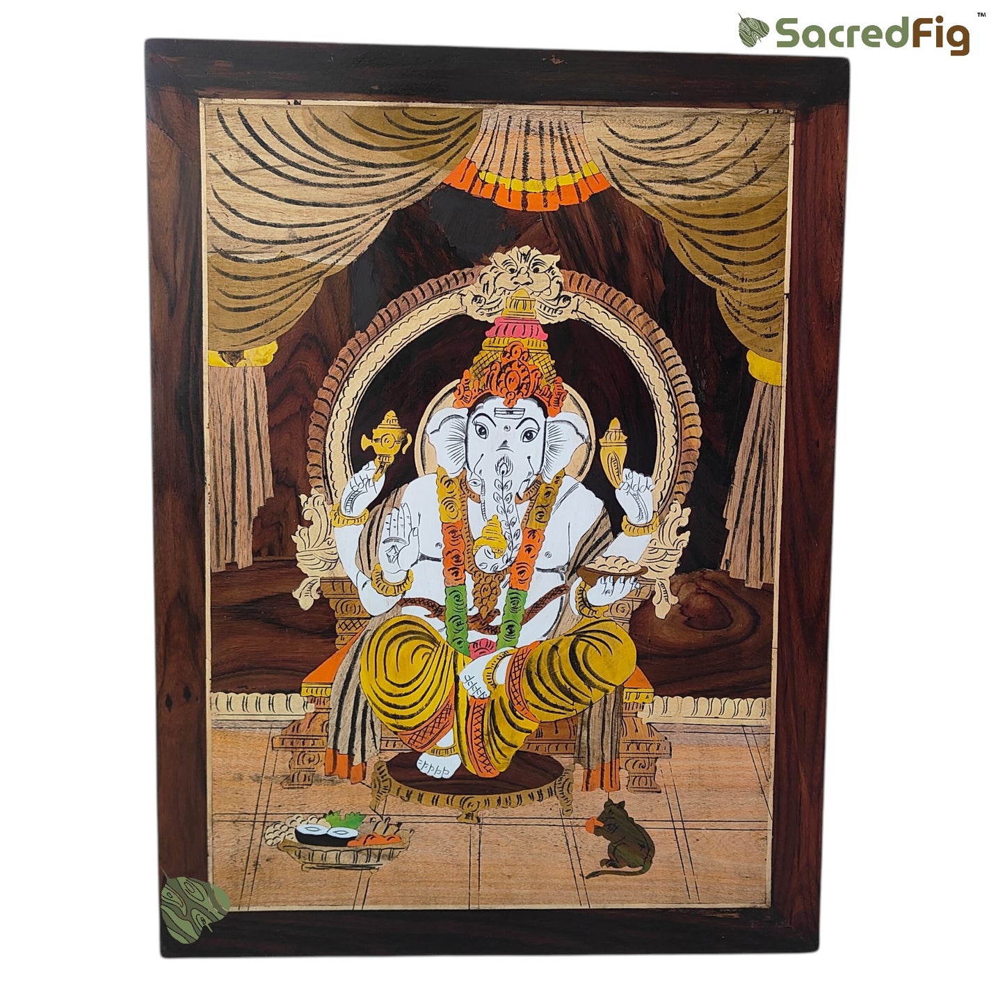 Lord Ganesha Mysore Inlay Work Wooden Wall Frame - 18x24 in