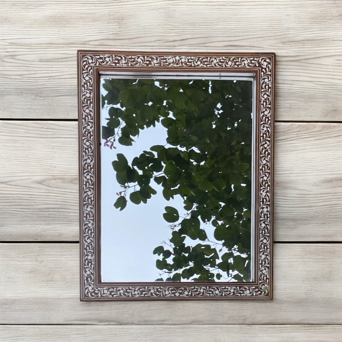 Handcrafted Wooden Mirror with Intricate Inlay Border | 14 x 18 in