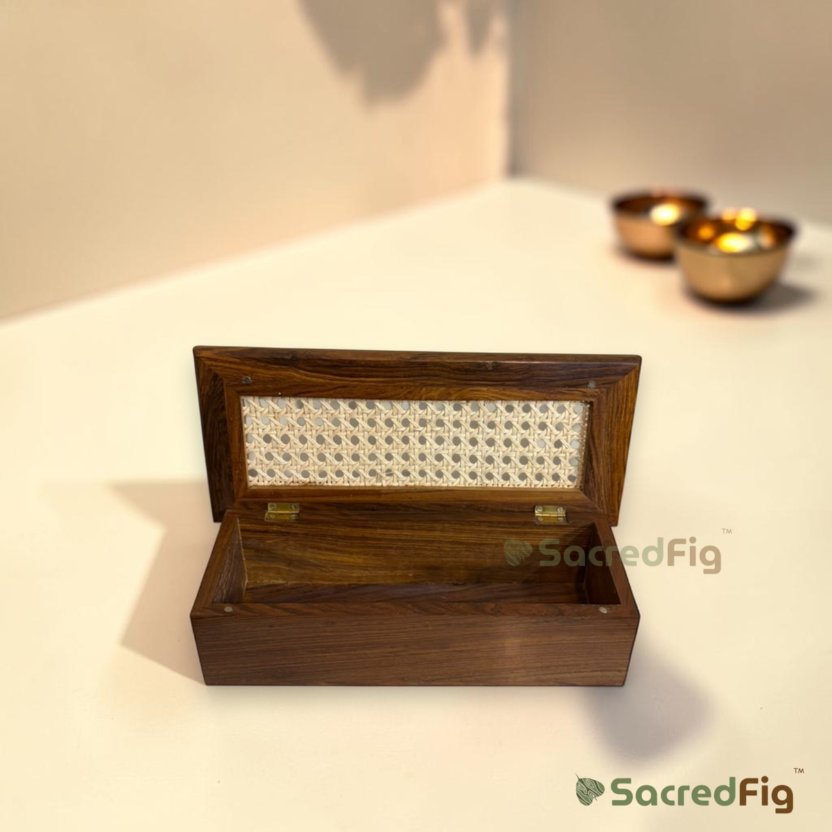 SacredFig Premium Sheesham & Rattan Dry Fruit Box | Luxury Wooden Gift Box, Hamper & Storage Box | S - 12.5 x 5.5 x 3.7 In