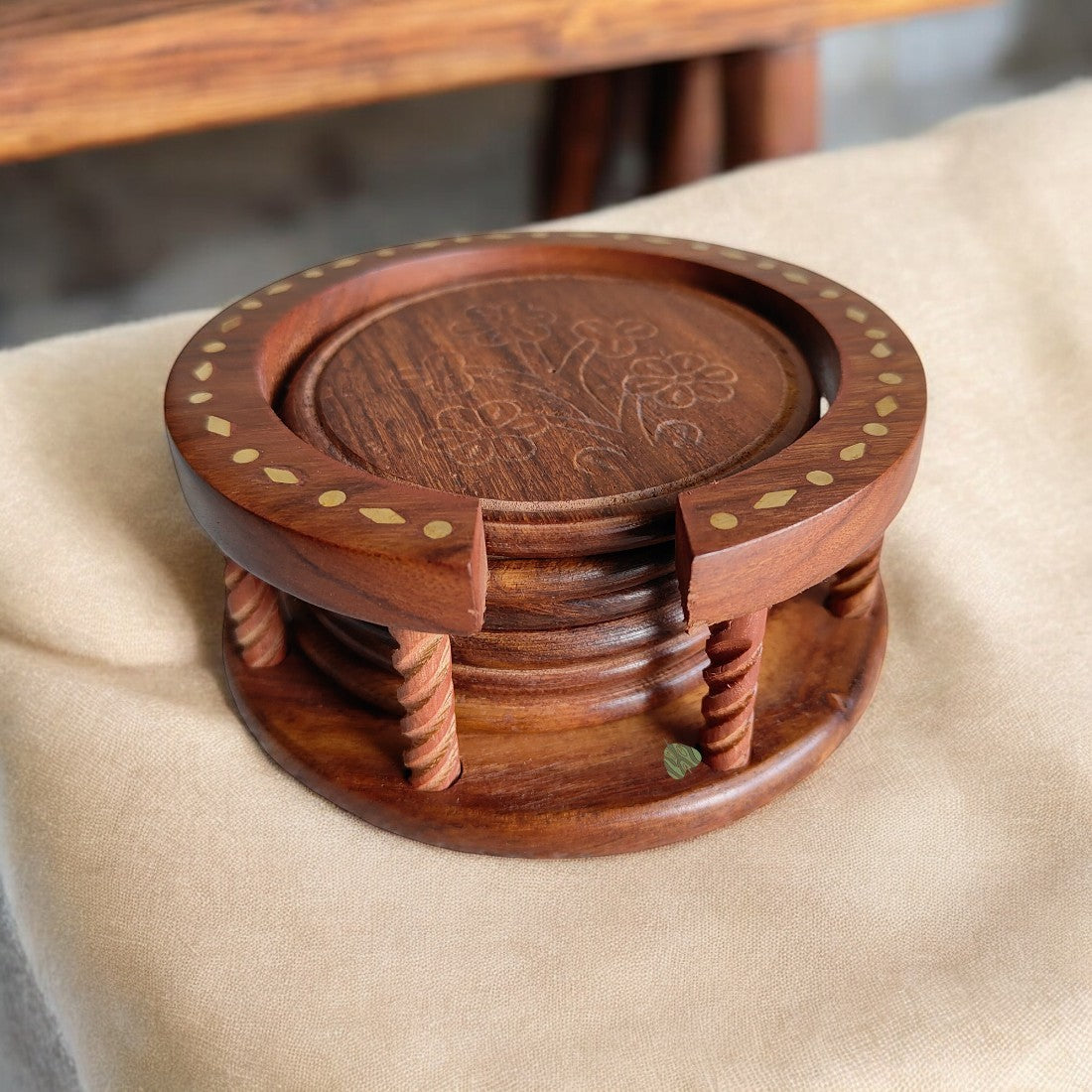 Wooden Coaster Set with Brass Inlay on Top | Classical Ring Shape Floral Pattern | 5×5 in