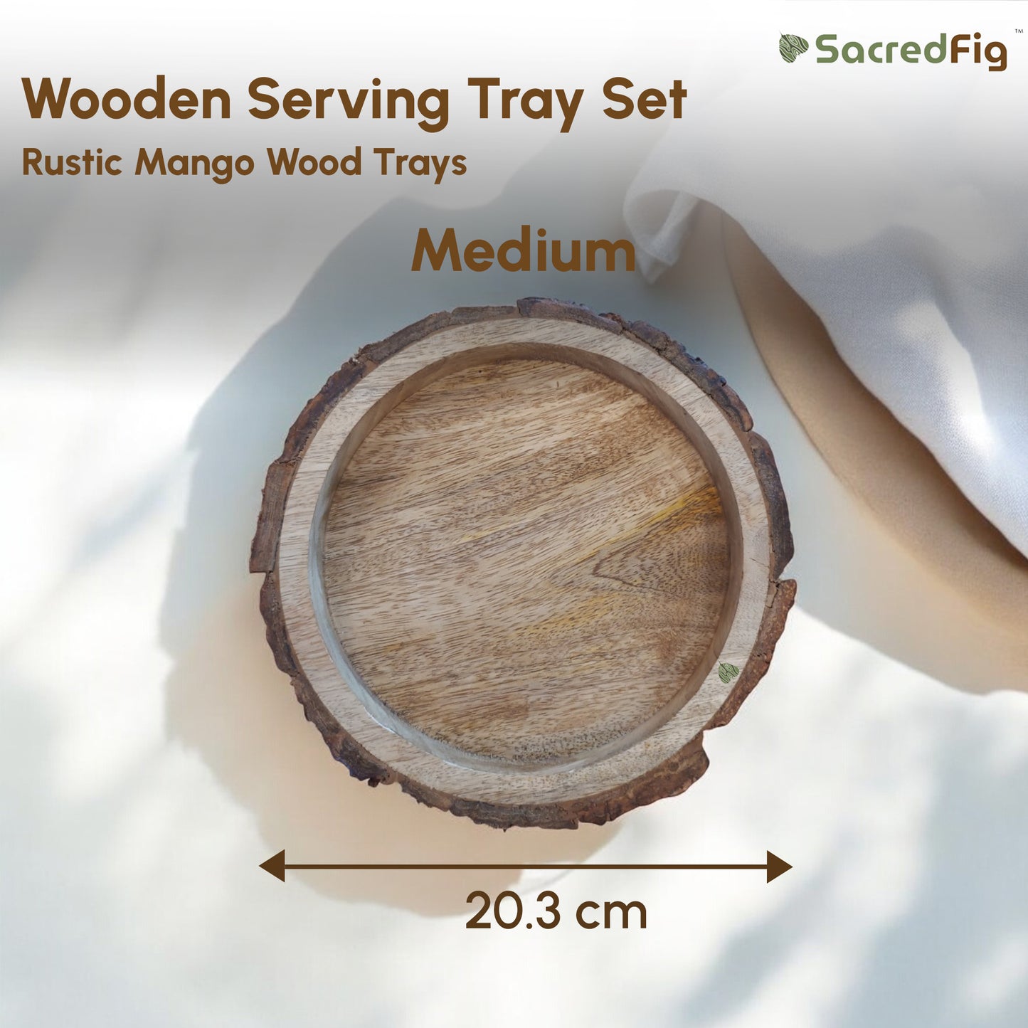 SacredFig Rustic Mango Round Wood Trays| Set of 3 Serving and Decorative Trays | S,M,L sizes