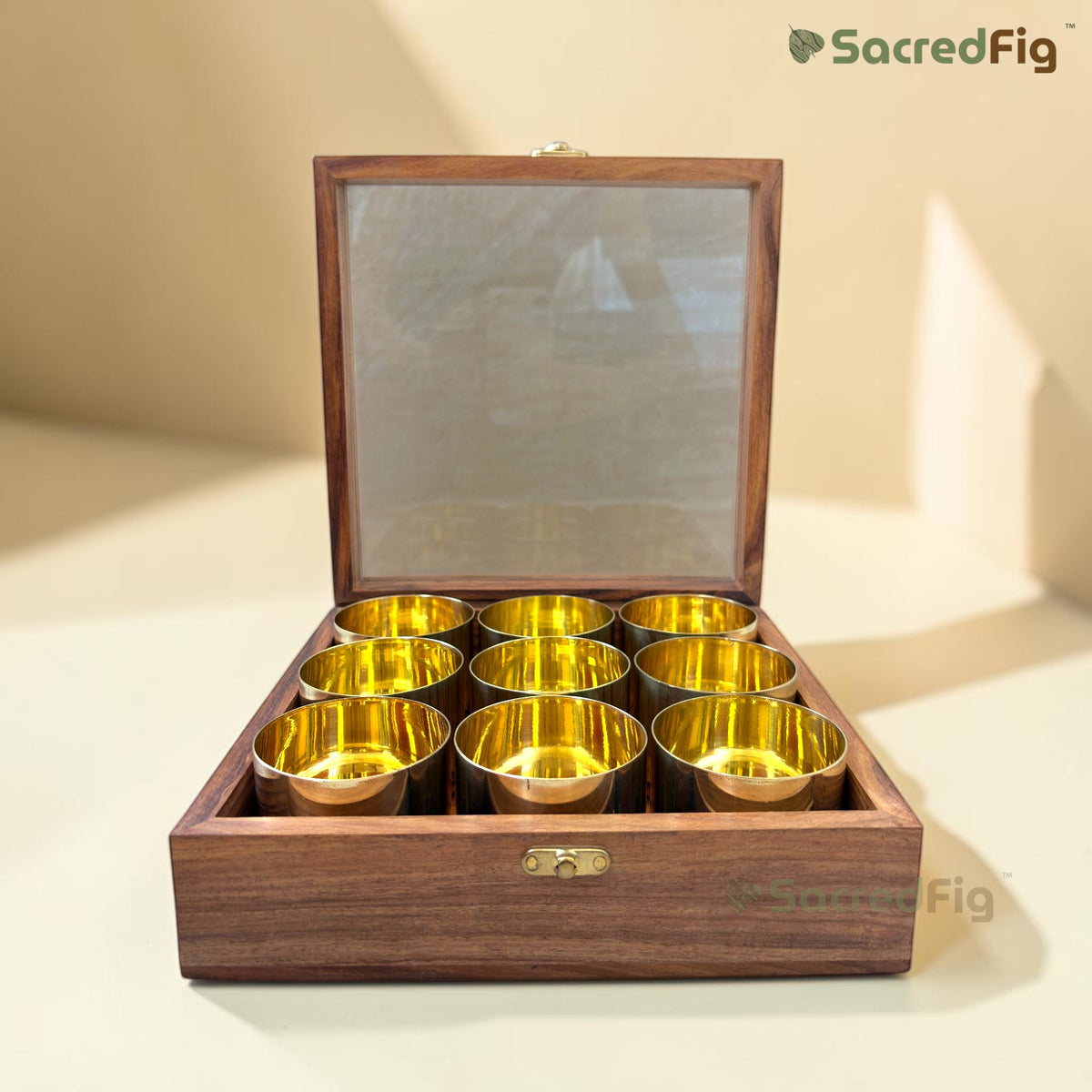 SacredFig Brass & Sheesham Wood Masala Box | Handcrafted Spice Box | 8.5 Inches