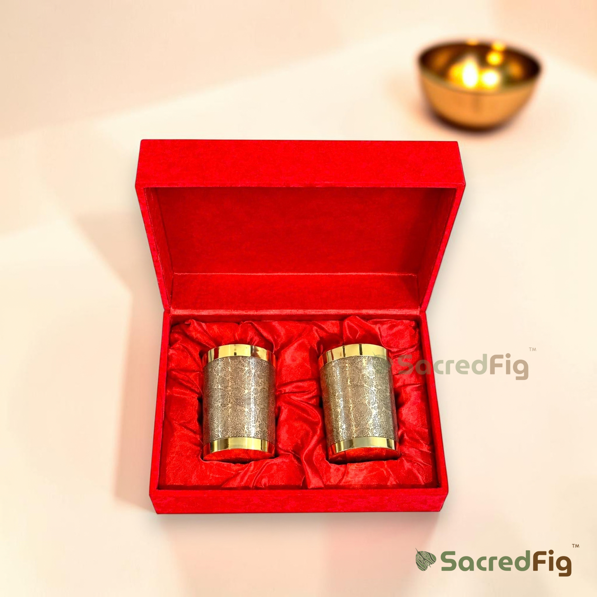 SacredFig Amrakriti Brass Glass Set with Velvet Gift Box | Corporate, Festive & Wedding Gift