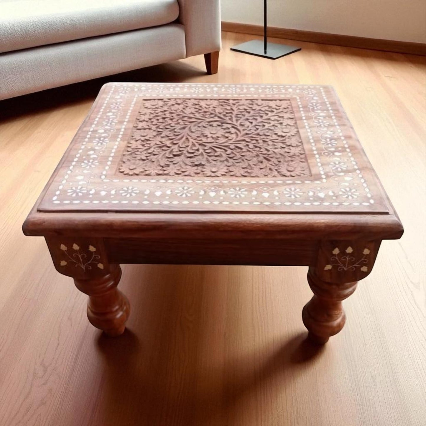 SacredFig Floral Grace Chowki | Decorative Indian Chowki in Sheesham Wood | Handcarved - 15 in