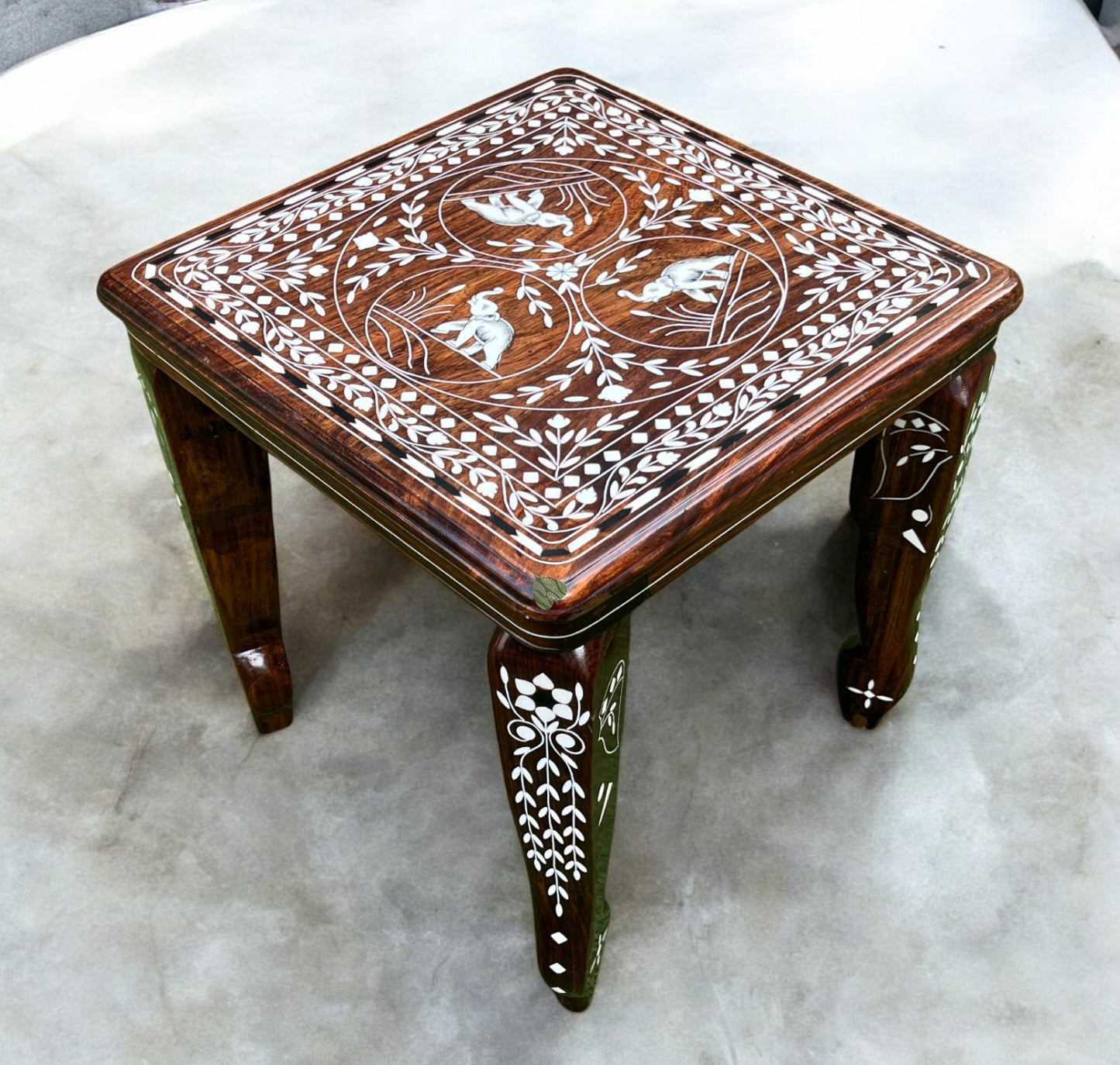 SacredFig Premium Wooden Decorative Square Table with Elephant motif , 12 in