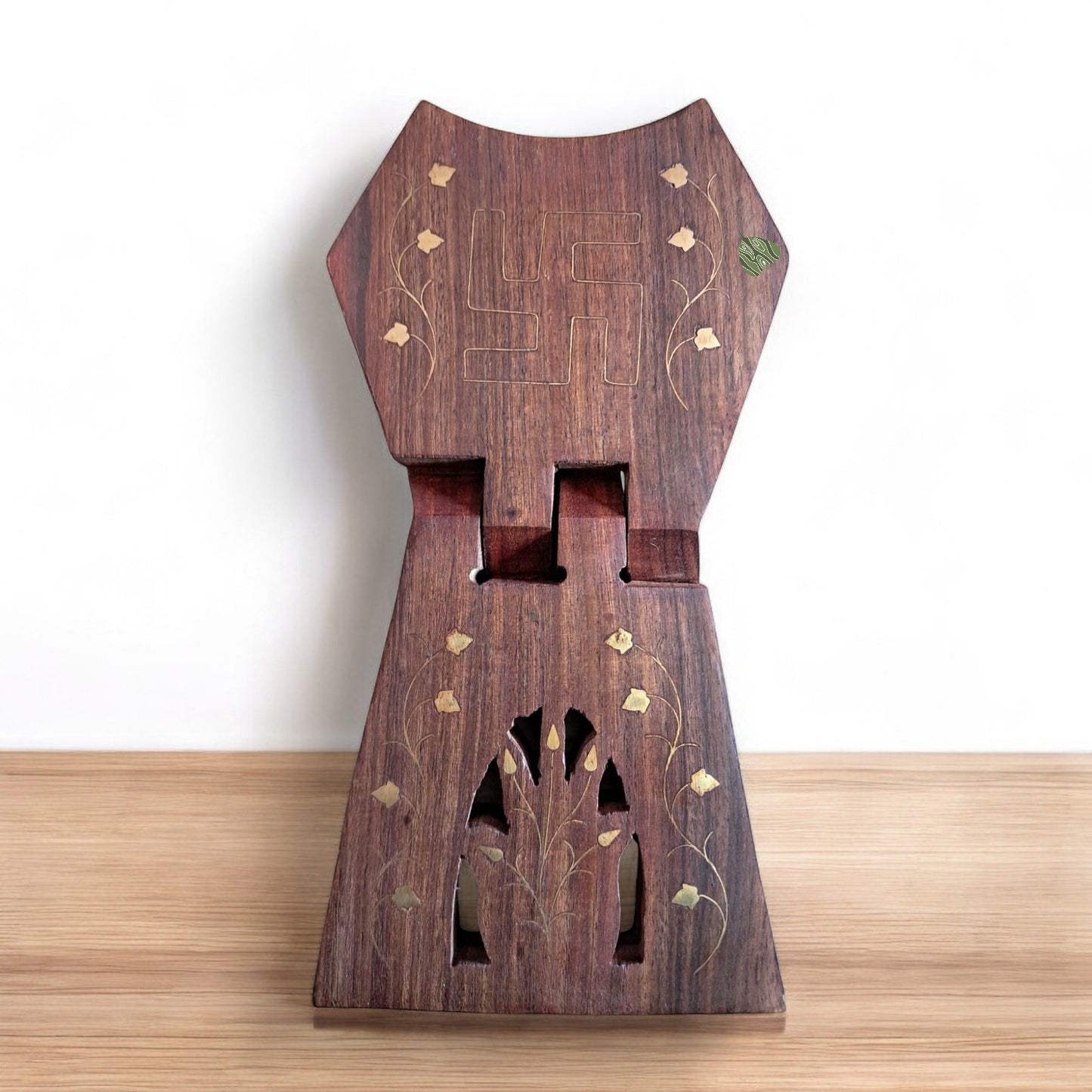 SacredFig Sheesham Wood Book Holder with brass work| Jain Rehal, Jain Religious Book Stand| 9 × 4 in