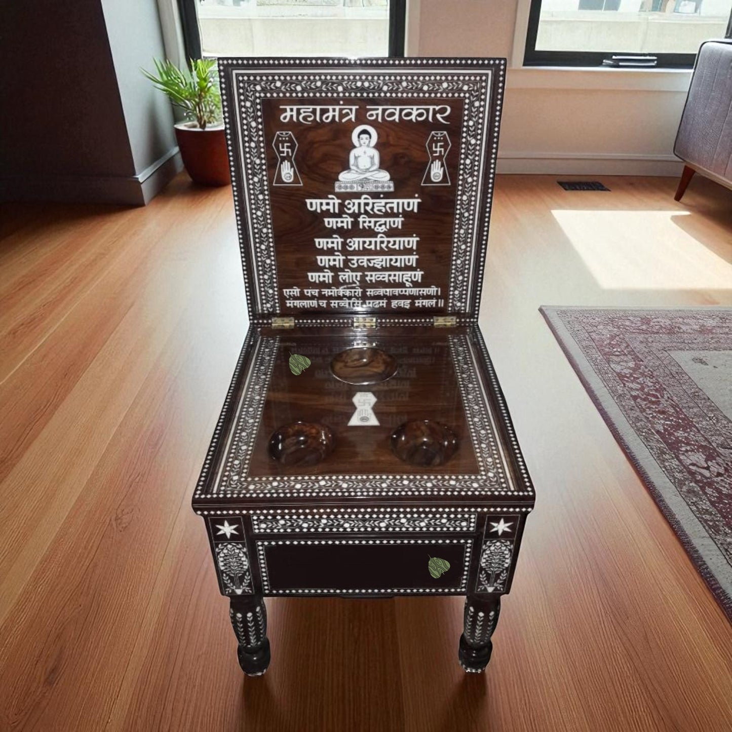 SacredFig Handcrafted Jain Pooja Table - with Namokar Mantra | Premium Jain Pooja Chowki with Inlay Work in Sheesham Wood