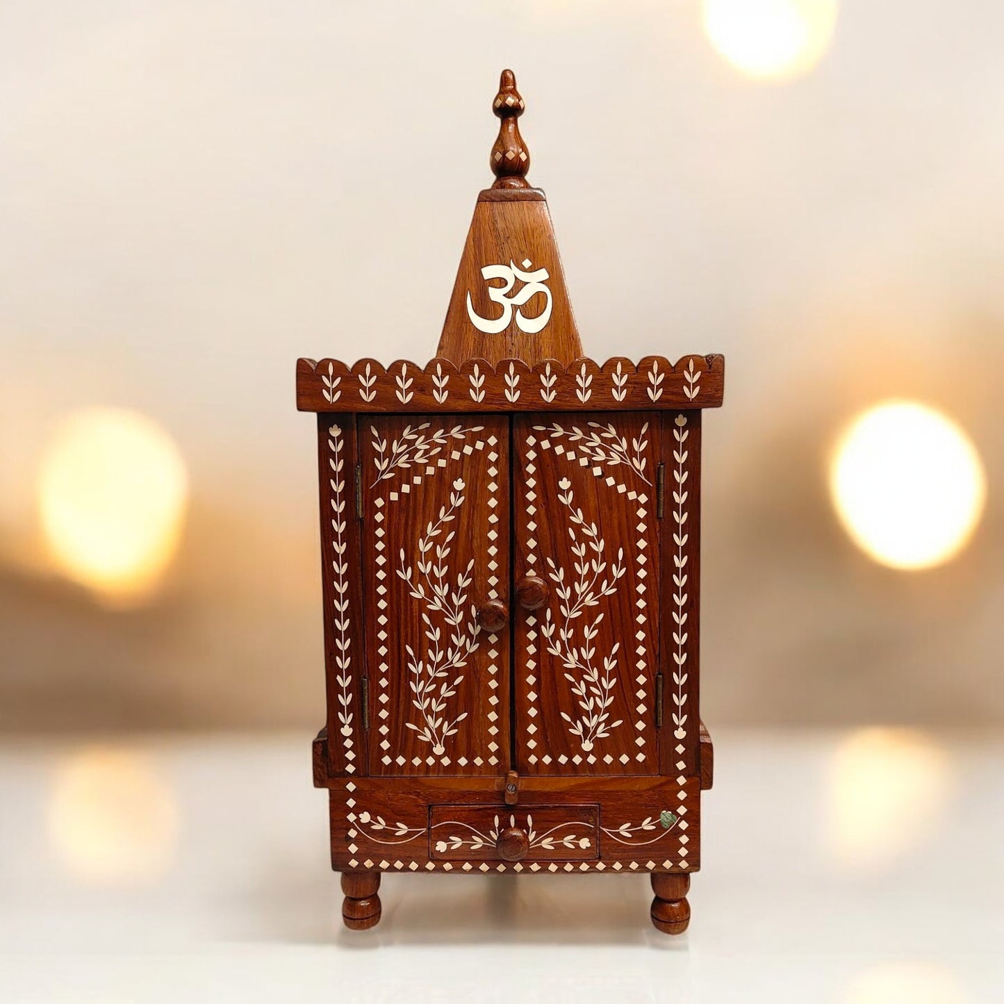 Wooden Mandir with Om Symbol & Intricate Floral Carvings | 12 x 15 in