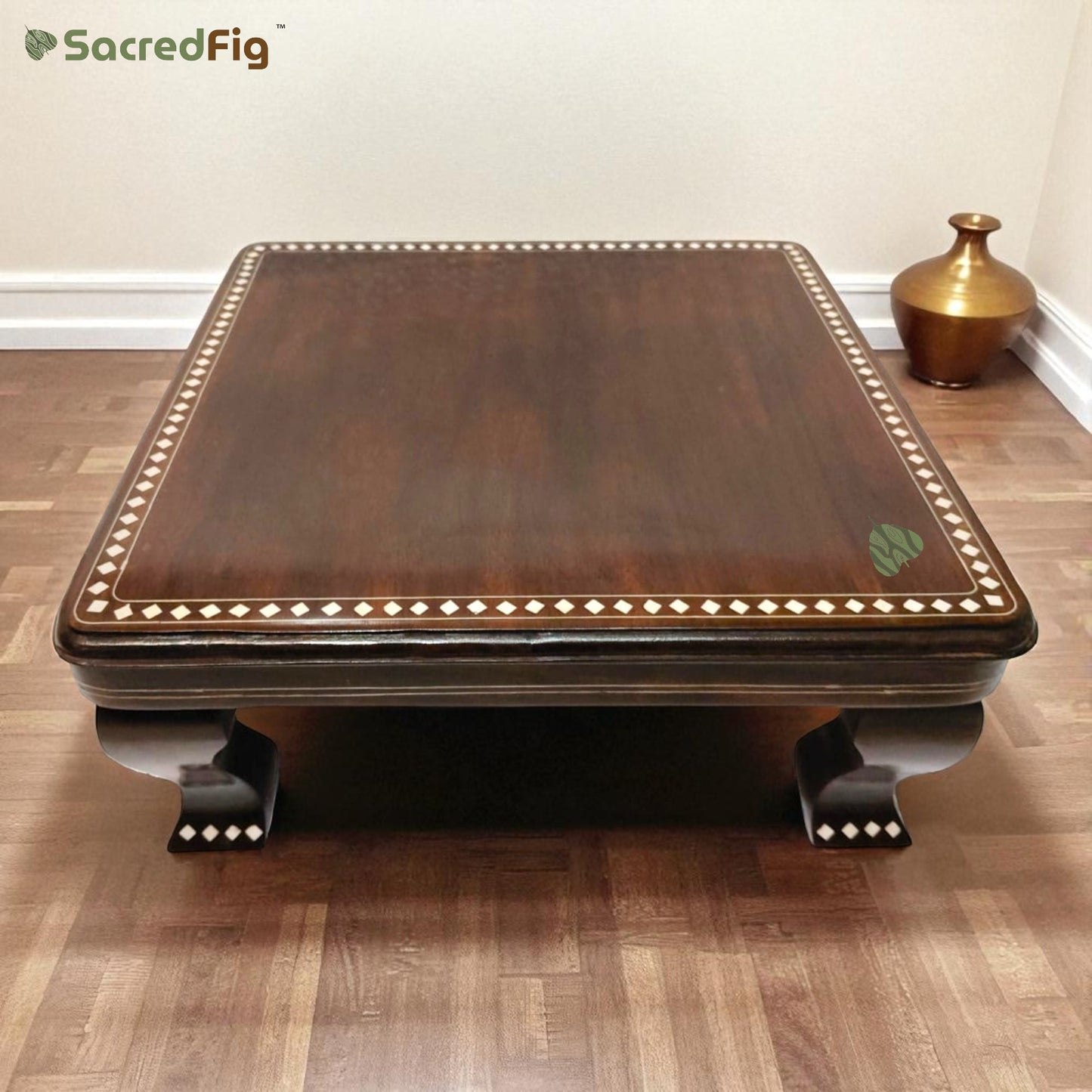 Premium Sheesham Wood Pooja Chowki by SacredFig | Minimalist Design | Inlay Work - 16 x 16 in