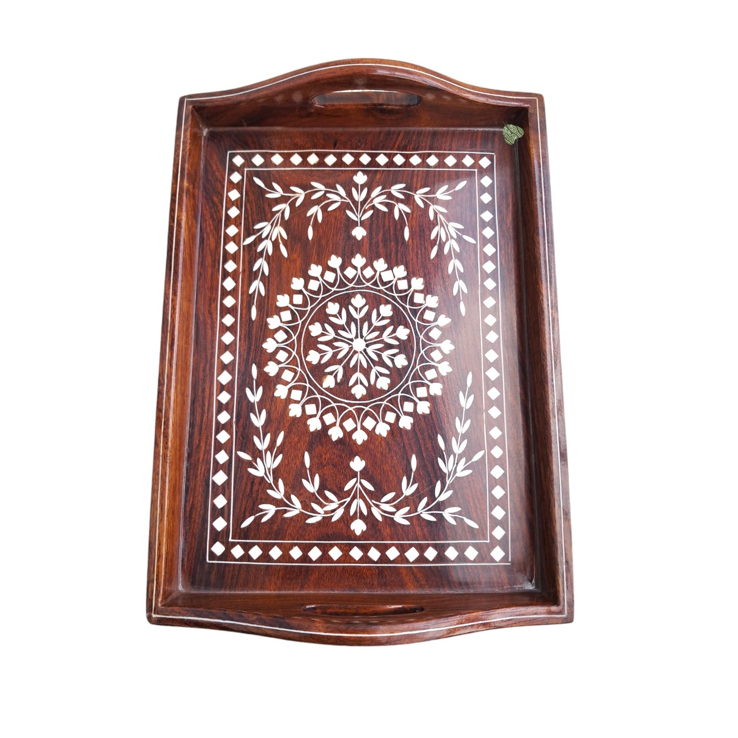 SacredFig Premium Decorative Tray | Floral White Heavy Inlaid Work | Water Resistant - Rectangle (9x12 in)
