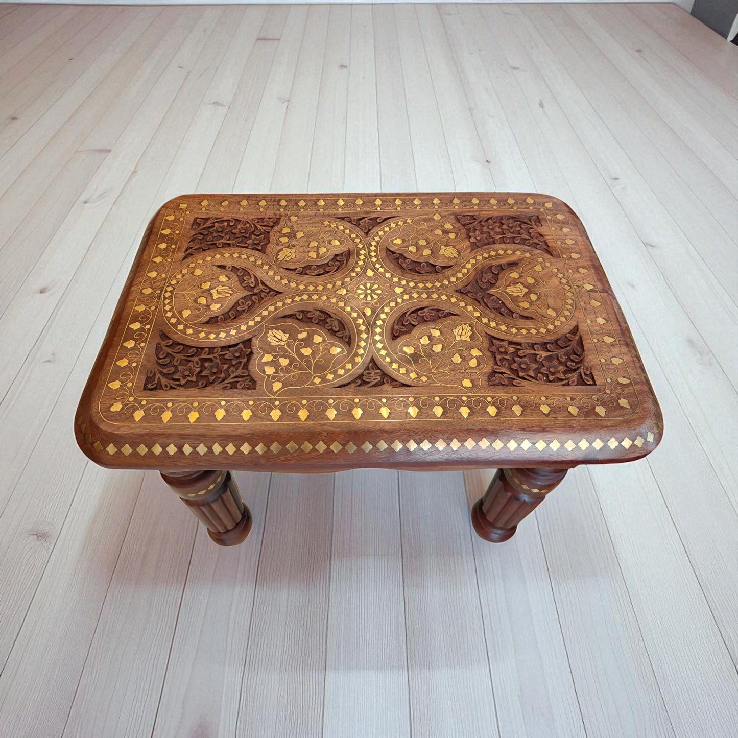 SacredFig Handcrafted Decorative Table| Coffee Table in Sheesham Wood | Intricate Brass Inlay Work (18x12 in)