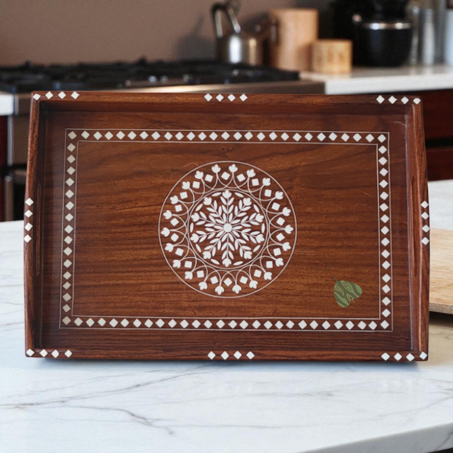 SacredFig Premium Sheesham Wood Tray with Handcarved Inlay Work - 15x10 in | Decorative Mandala Design | Water Resistant Glossy Finish