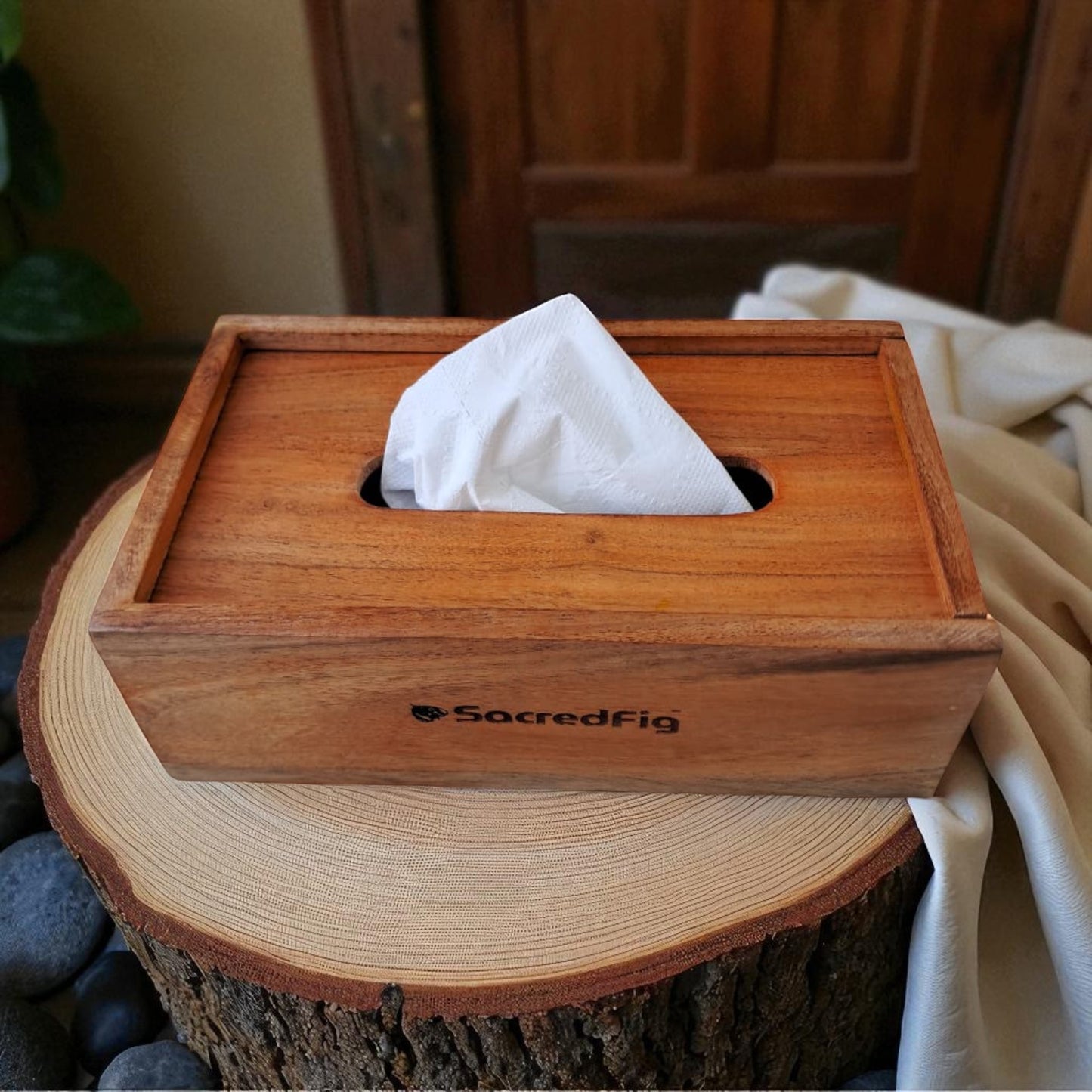SacredFig Tissue Holder Box, Acacia Wood | Premium Napkin Holder | Ideal for Office & Home use | 9×5 in