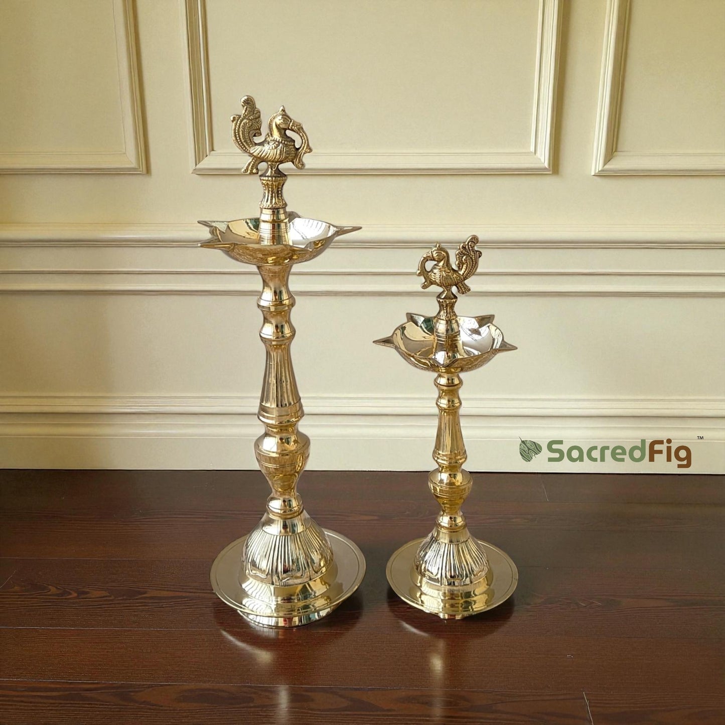 SacredFig Kerela Lamp with Peacock Motif in Brass | Brass Kerala Lamp, High Quality Premium Finish