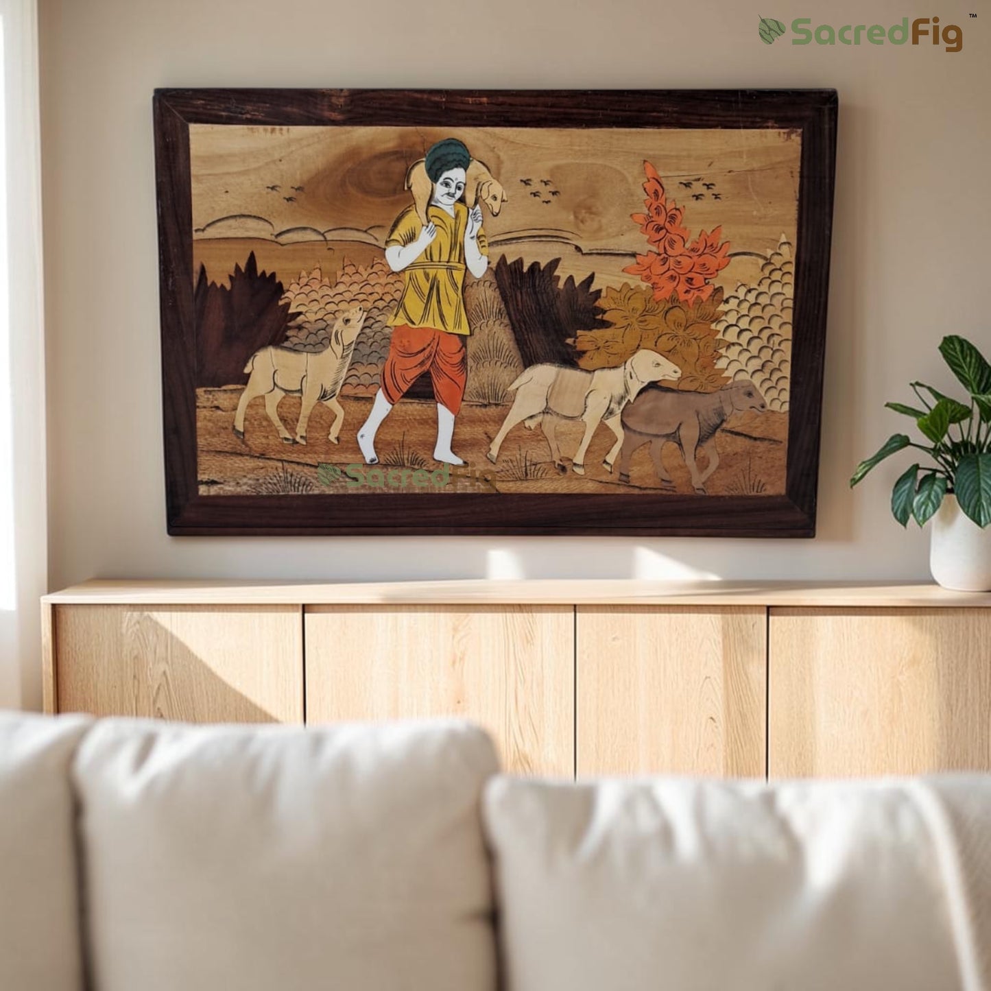 SacredFig Guardian of the Herd Wooden Mysore Inlay Art Wall Frame | 12x18 In | Handmade Wooden Wall Decor | Traditional Artwork