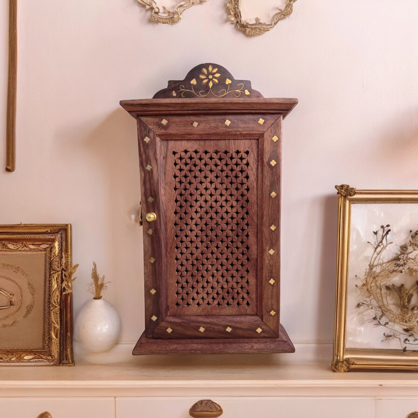 Wooden Key Holder, Decorative Box in Sheesham Wood with mesh design - SD003 | 11 × 6 in