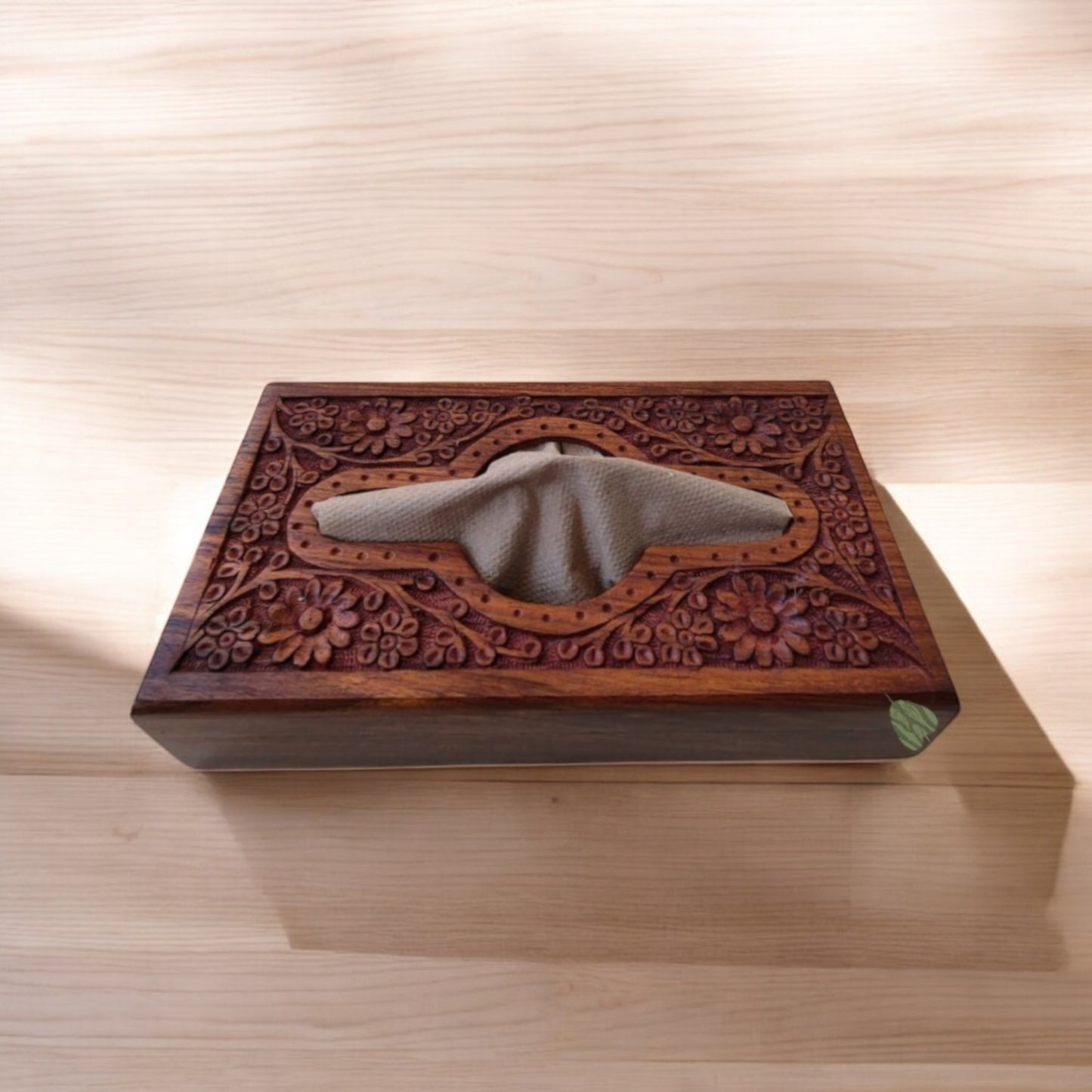 SacredFig Premium Wooden Tissue Holder Box | Elegant Floral Carving Design | 9×5 in