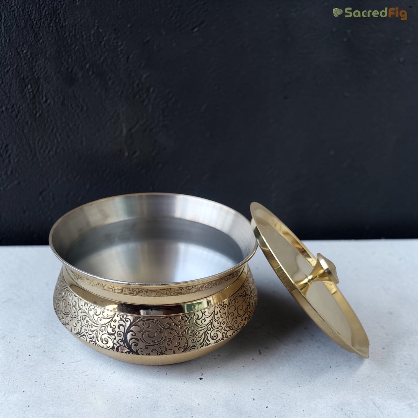 Brass Handi with Lid (1000ml) |Handcrafted Inner Kalai Cooking Pot | Eternal Vine Series | SacredFig