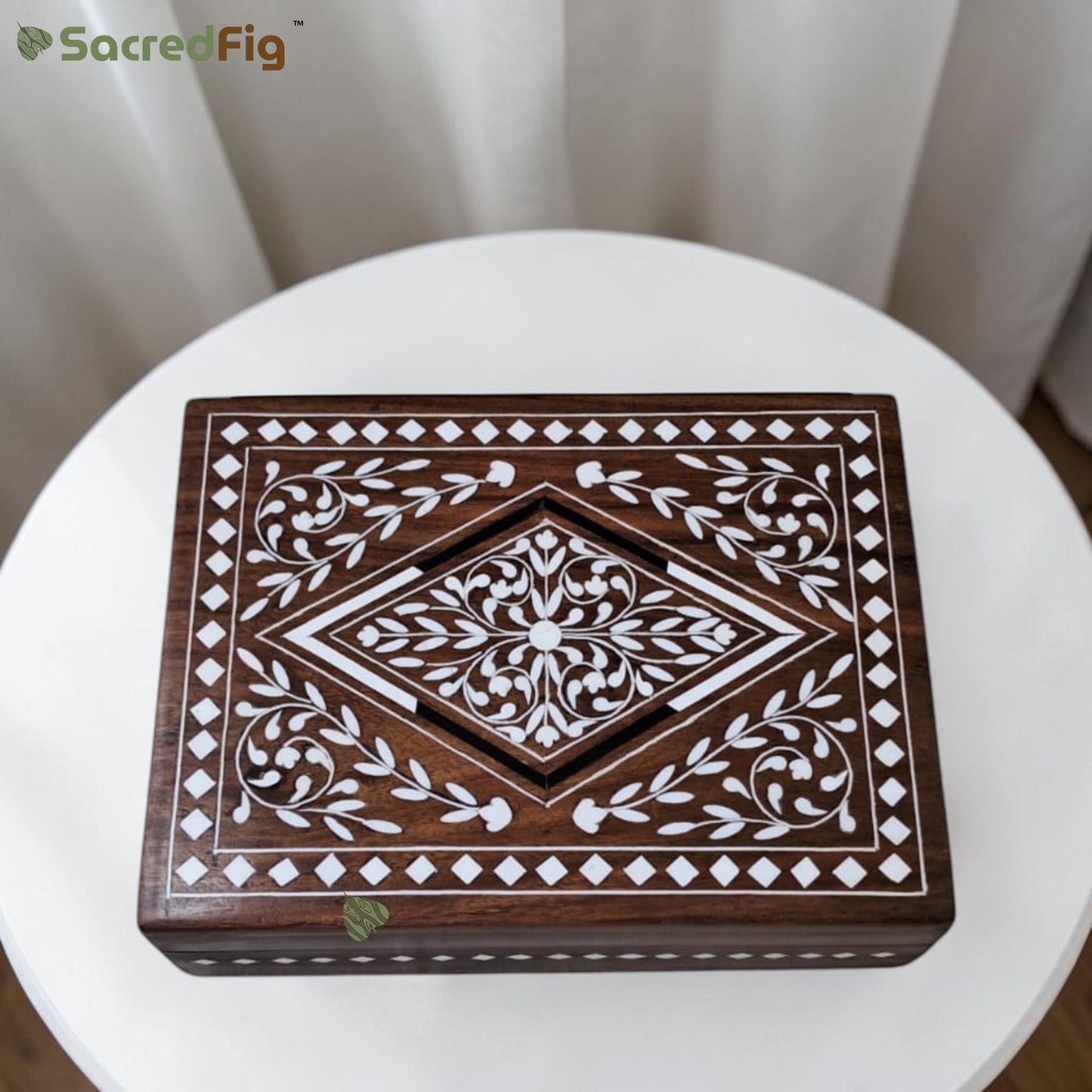 SacredFig Wooden Decorative Gift Box with Geometric Diamond Pattern | 8×6 In | Premium Sheesham Wood Handcrafted Storage Box