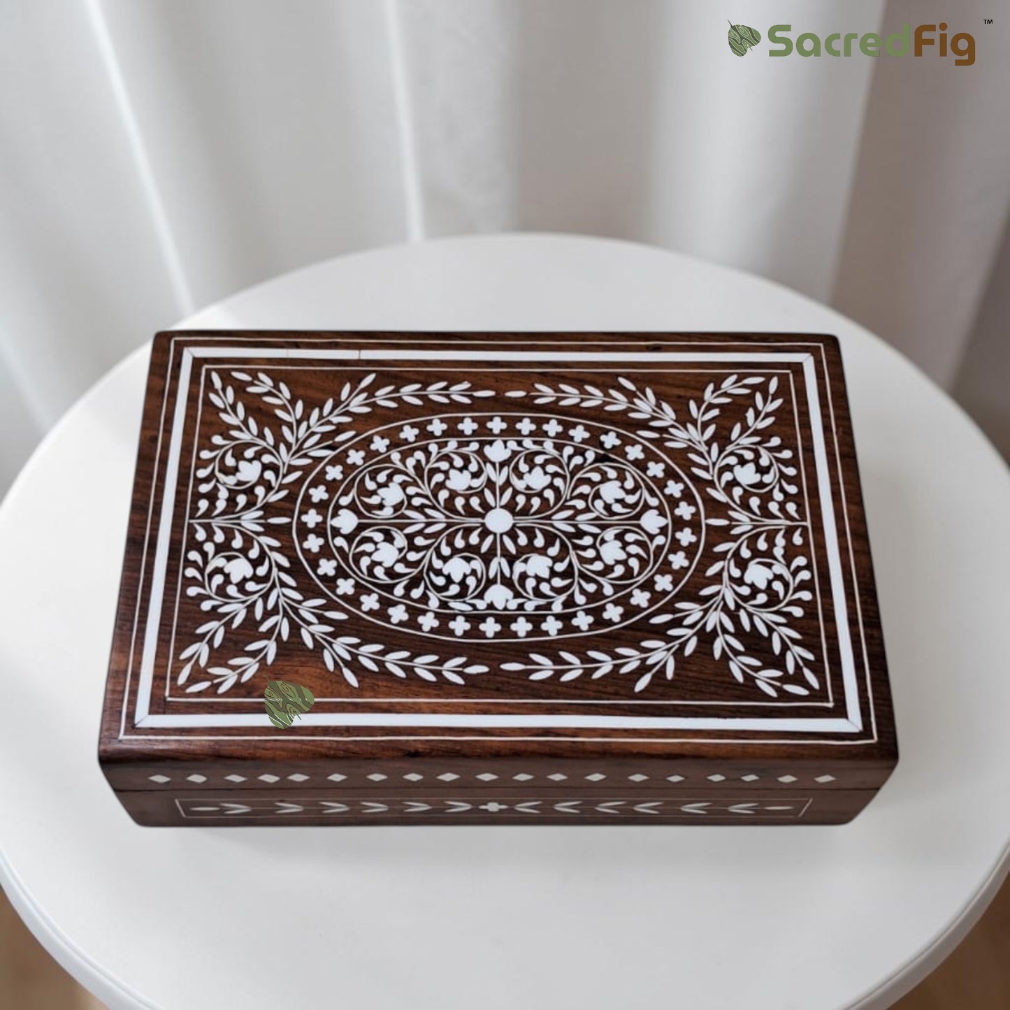 SacredFig Wooden Decorative Gift Box with Intricate Floral Heavy Work Design | 9×6 In | Premium Sheesham Wood Handcrafted Storage Box