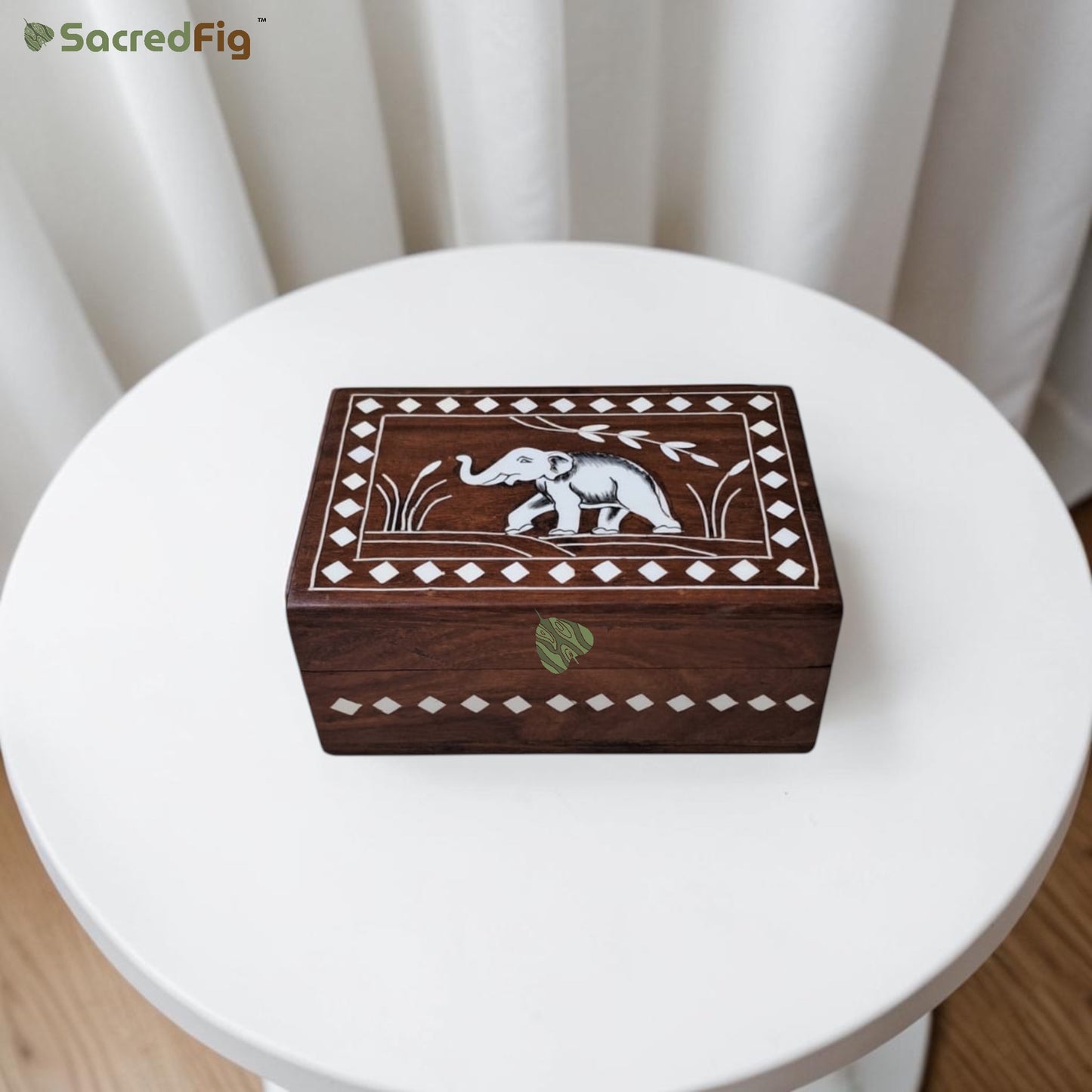 SacredFig Wooden Inlay Work Gift Box with Elephant Motif | 6×4 In | Premium Sheesham Wood Decorative Storage Box