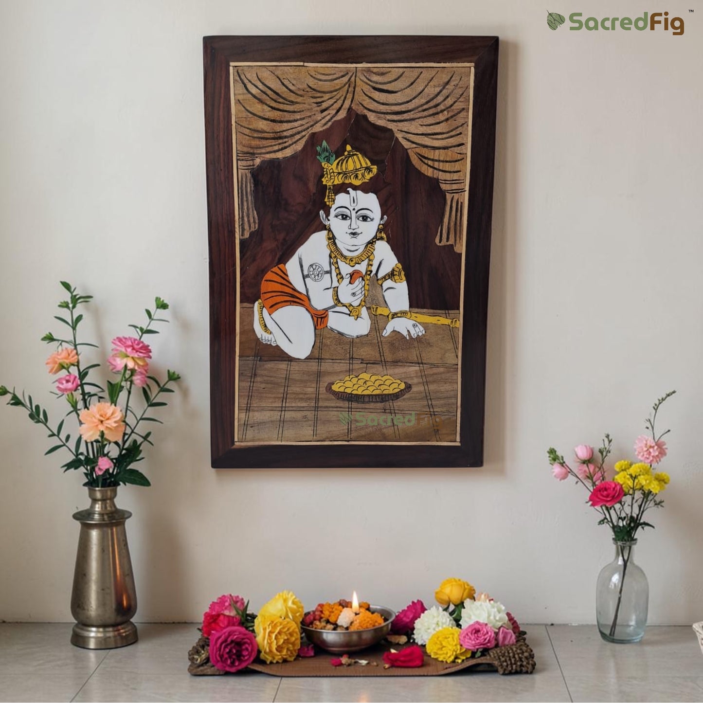 SacredFig Krishna Wooden Mysore Inlay Art Wall Frame | 12x18 In | Handmade Wooden Wall Decor | Traditional Artwork
