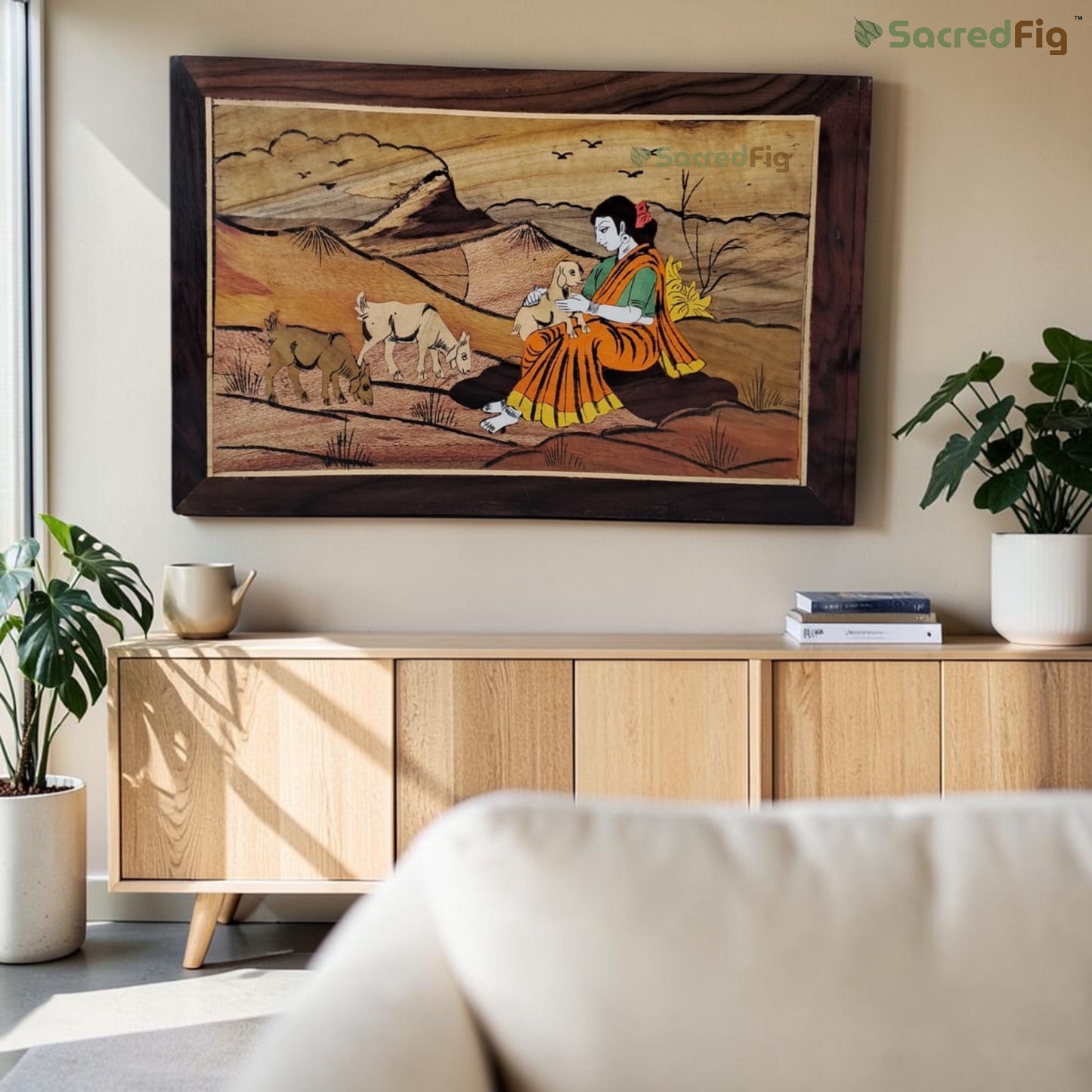 SacredFig Pastoral Grace Wooden Mysore Inlay Art Wall Frame | 12x18 In | Handmade Wooden Wall Decor | Traditional Artwork