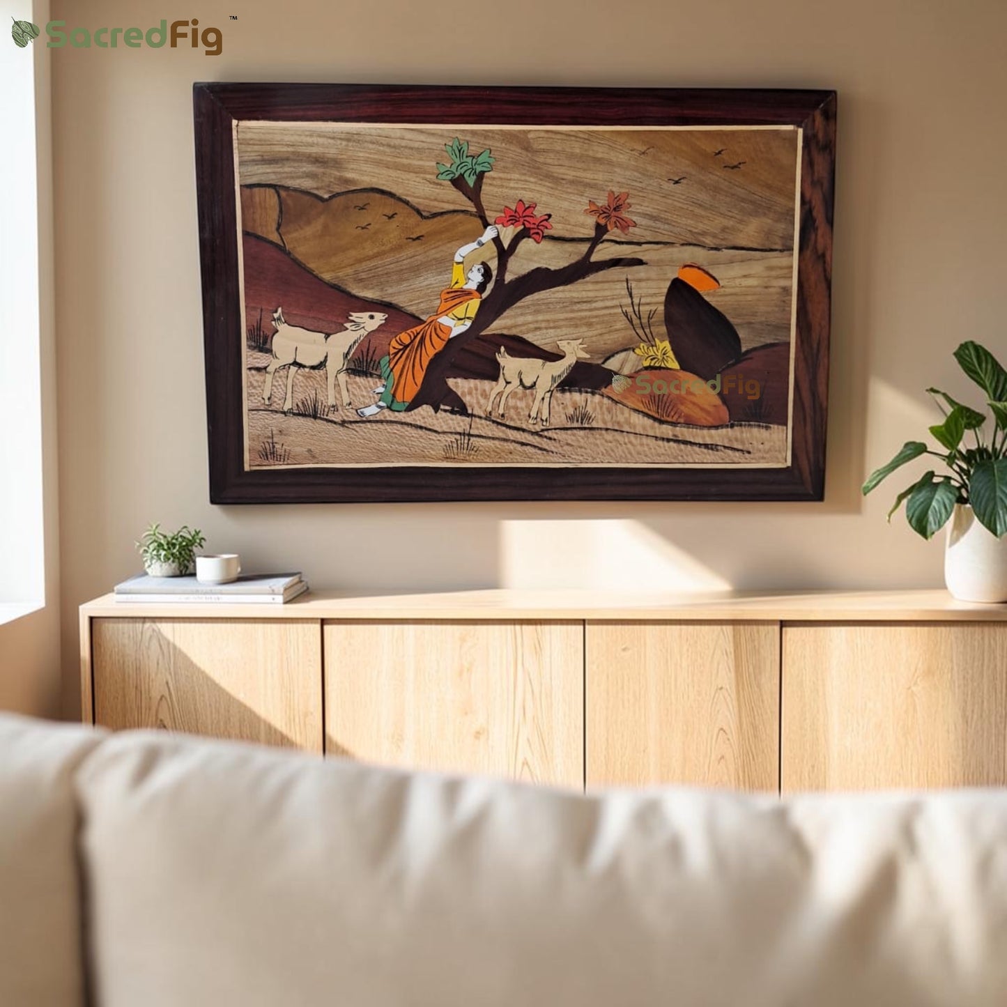 SacredFig Nature's Play Wooden Mysore Inlay Art Wall Frame | 12x18 In| Handmade Wooden Wall Decor | Traditional Artwork