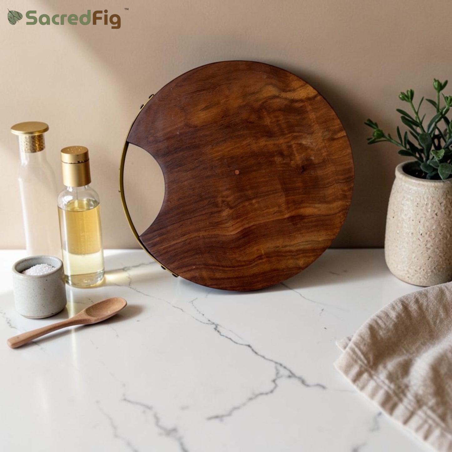 SacredFig Premium Cutting Board & Serving Platter, Made in Sheesham Wood, Golden Handle - 12 in (d)