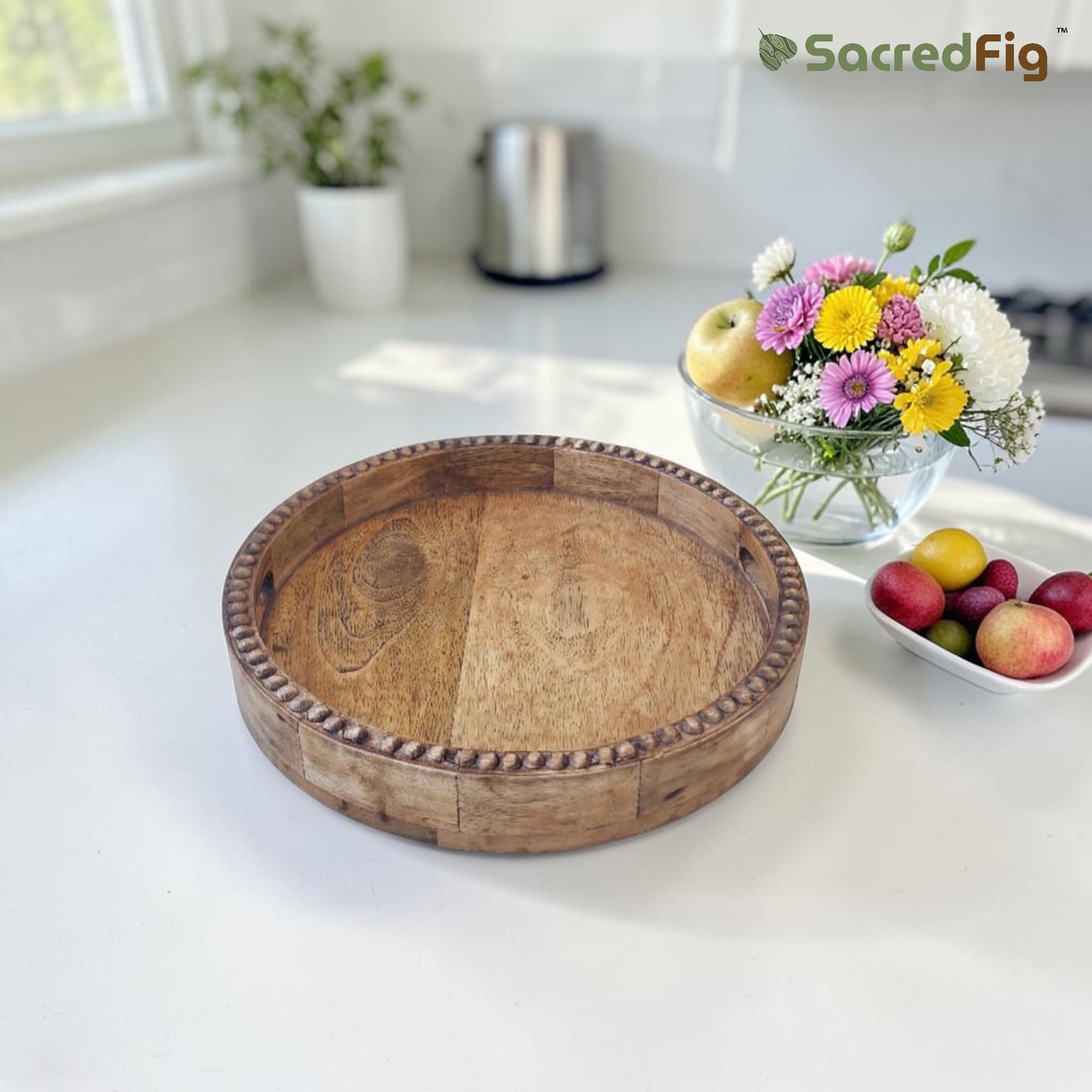 SacredFig Wooden Tray for Serving & Decor - 12 in (d) | Round, Natural Wood Finish