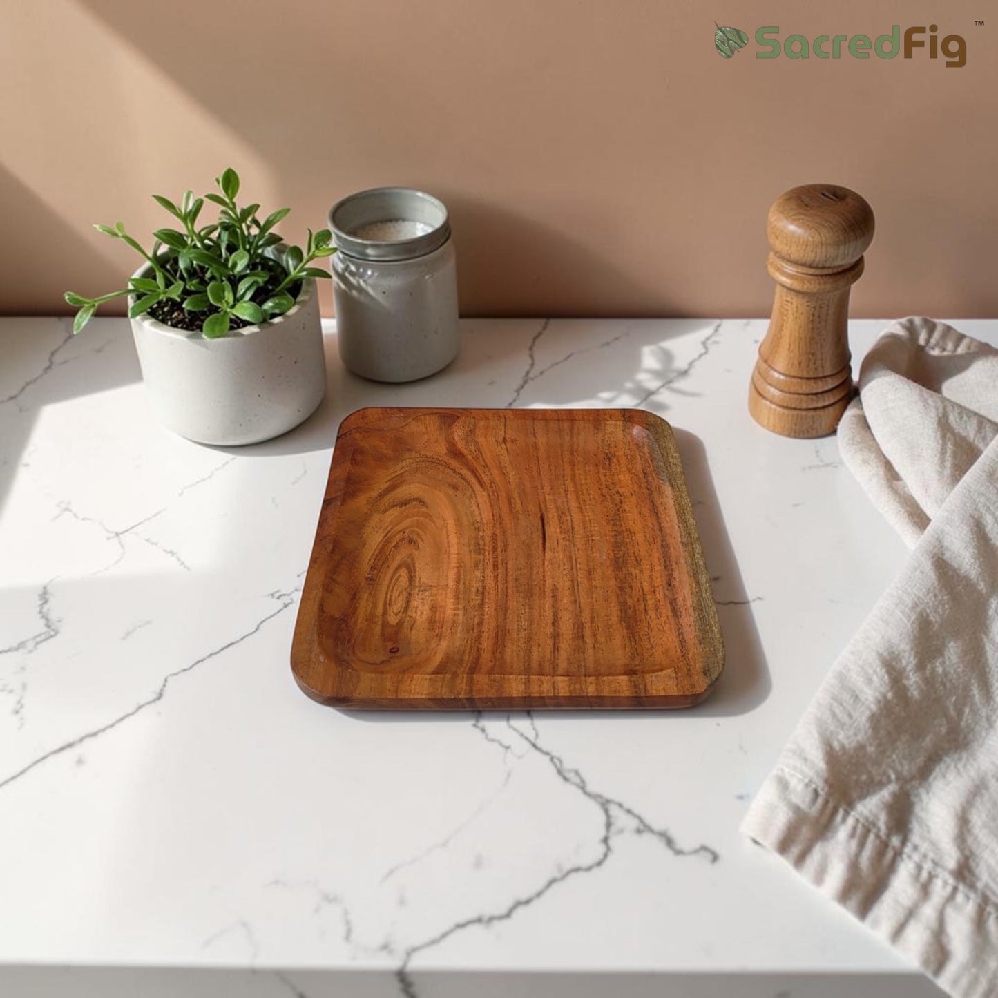SacredFig Handcrafted Wooden Serving Plate | 7.5 x 7.5 In | Teak Wood Dining & Snack Plate