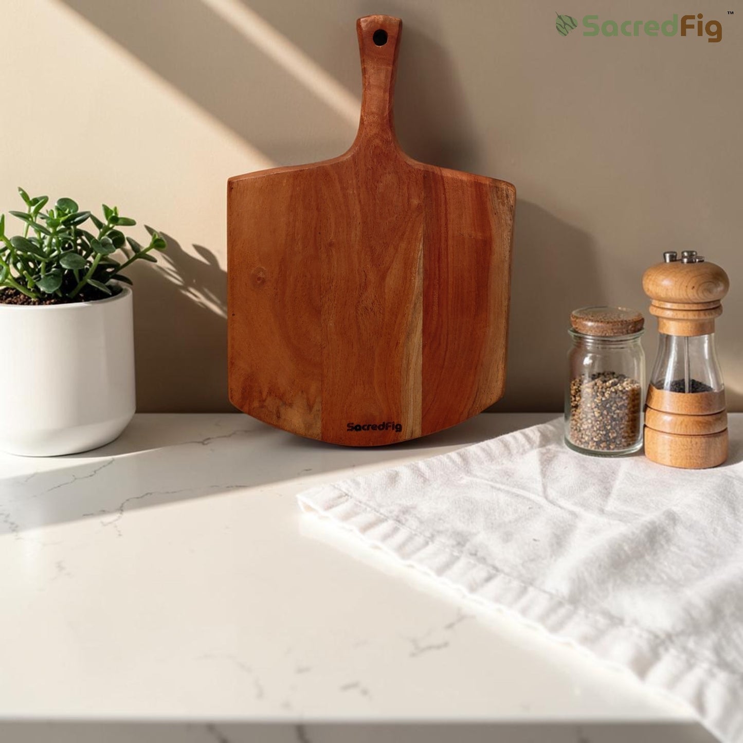 SacredFig Pizza & Bread Platter| Neem Wood Platter| Compact, Elegant & Natural Grain Pattern | 12 × 8 in