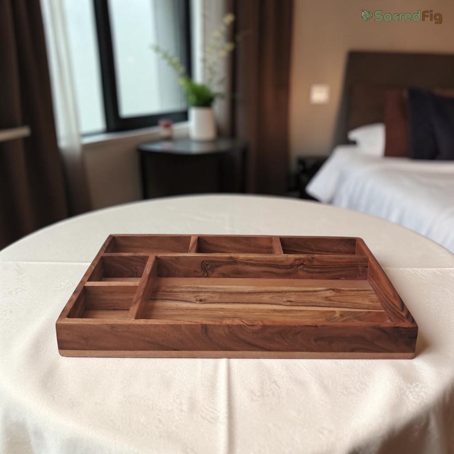 SacredFig Acacia Wood Compartment Organizer Tray (18 x 12 in) – Multi-Section Storage for Hotels & Homes
