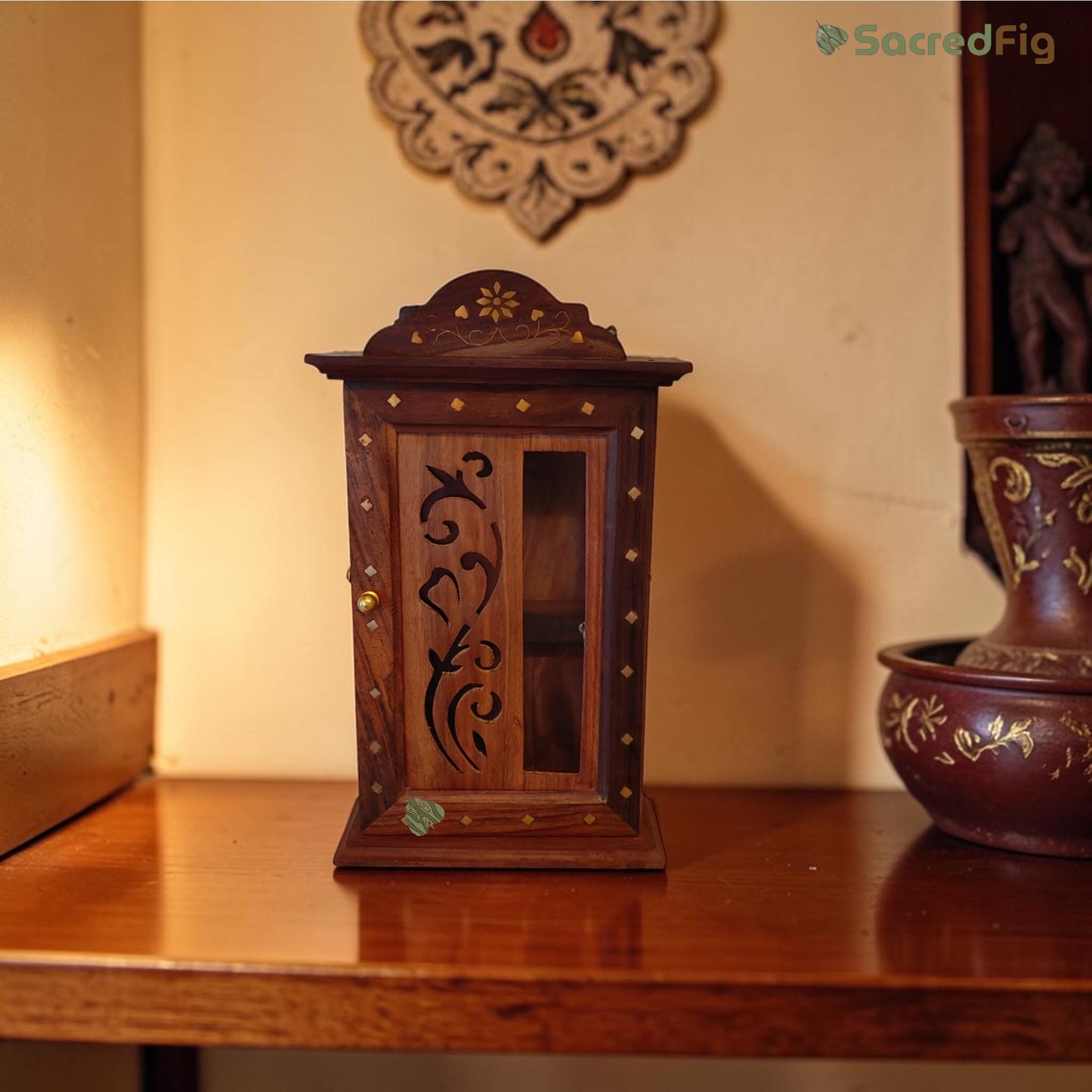 SacredFig Wooden Key Holder – Glass Design with Sheesham Wood (11 × 6 In)