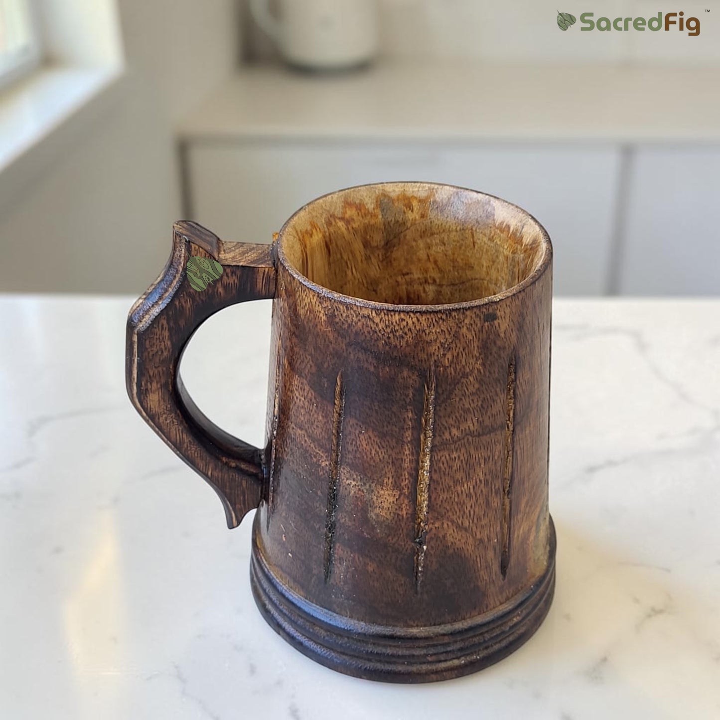 SacredFig Wooden Mug 300ml – Handcrafted Viking Style Rustic Finish Drinkware